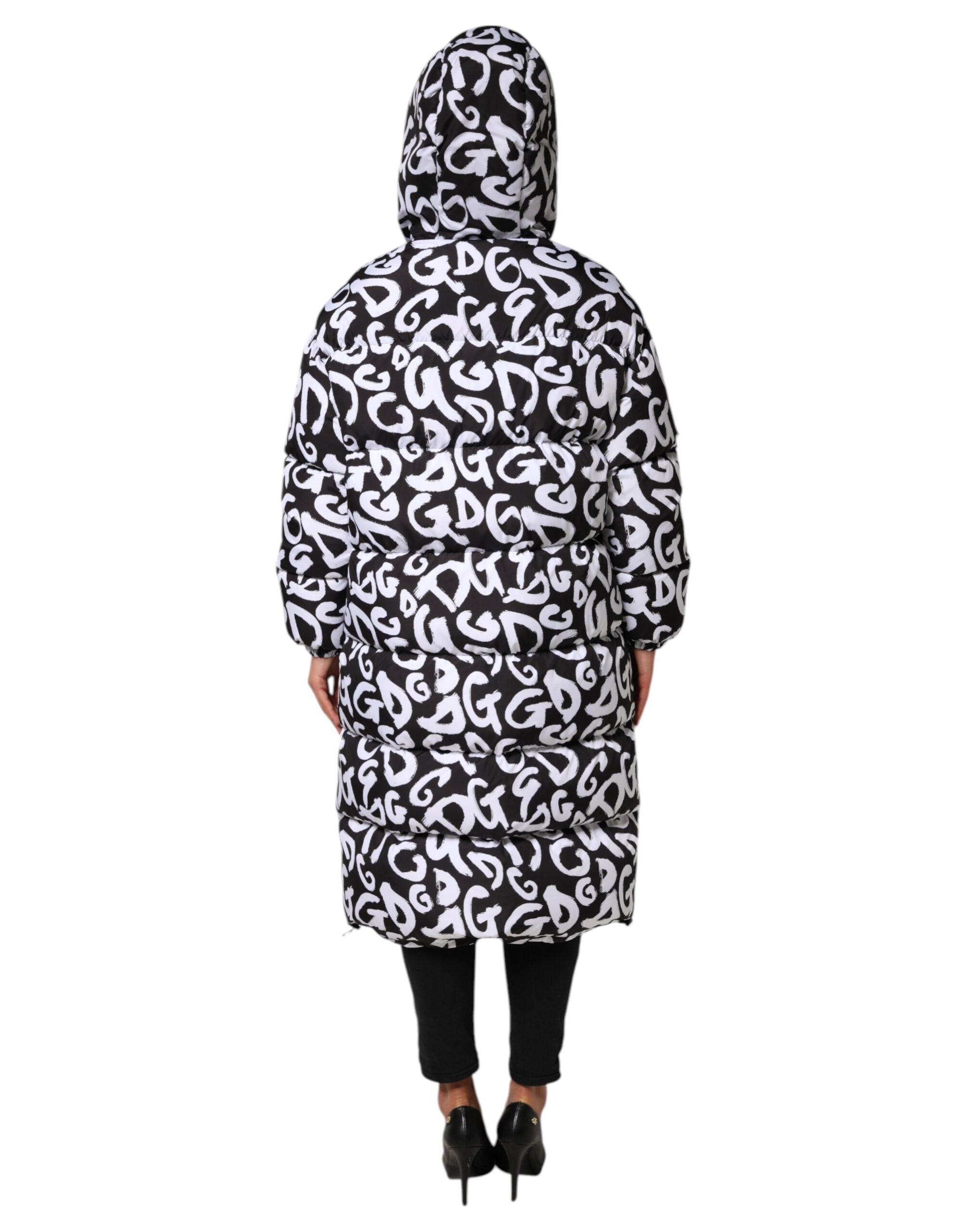 Dolce & Gabbana Black White DG Mania Hooded Long Coat Women's Jacket