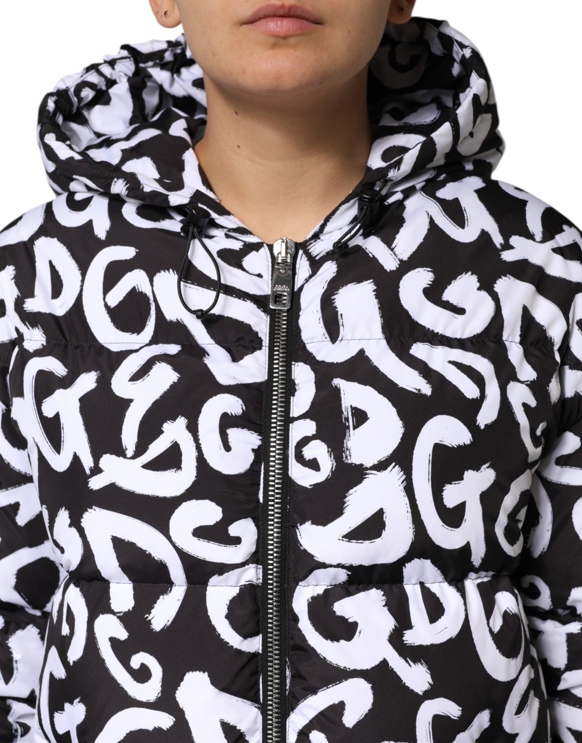 Dolce & Gabbana Black White DG Mania Hooded Long Coat Women's Jacket