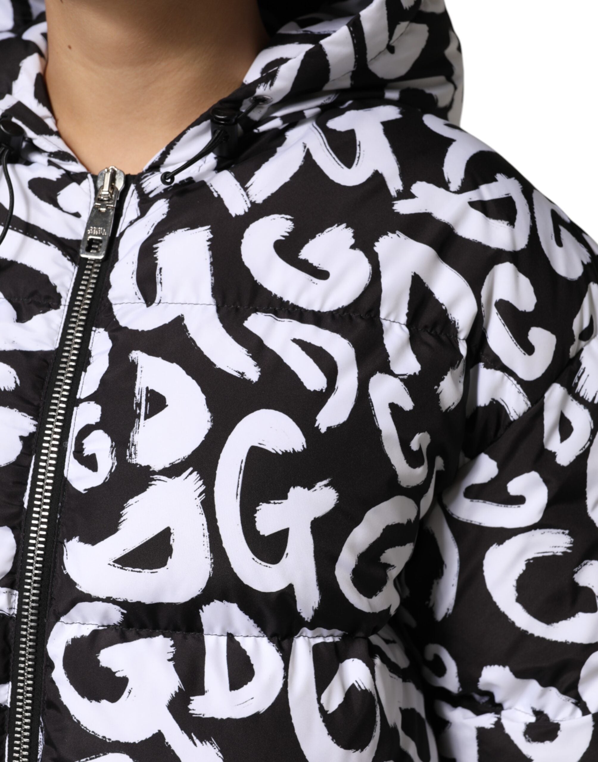 Dolce & Gabbana Black White DG Mania Hooded Long Coat Women's Jacket
