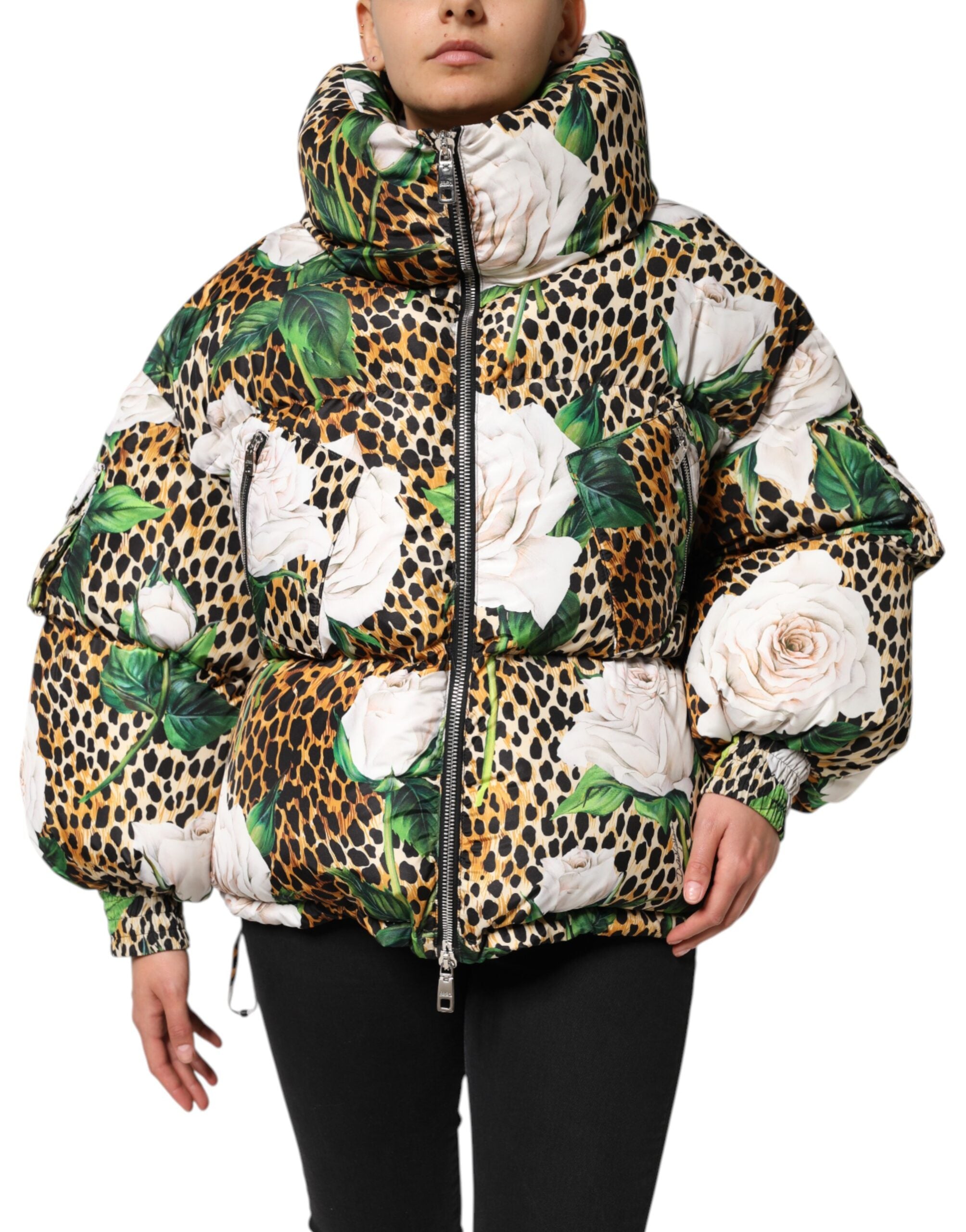 Dolce & Gabbana Multicolor Leopard Rose Puffer Quilted Women's Jacket