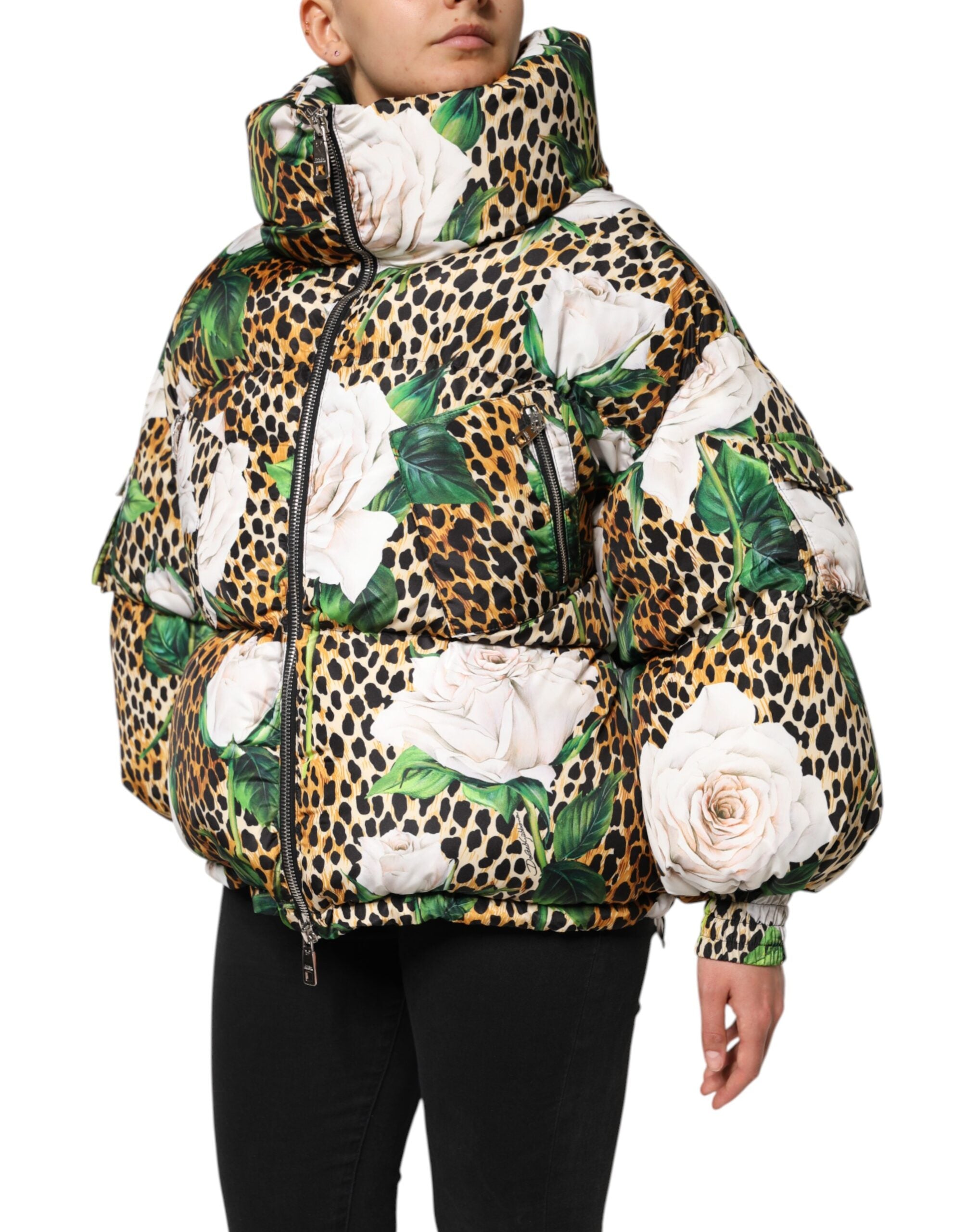 Dolce & Gabbana Multicolor Leopard Rose Puffer Quilted Women's Jacket