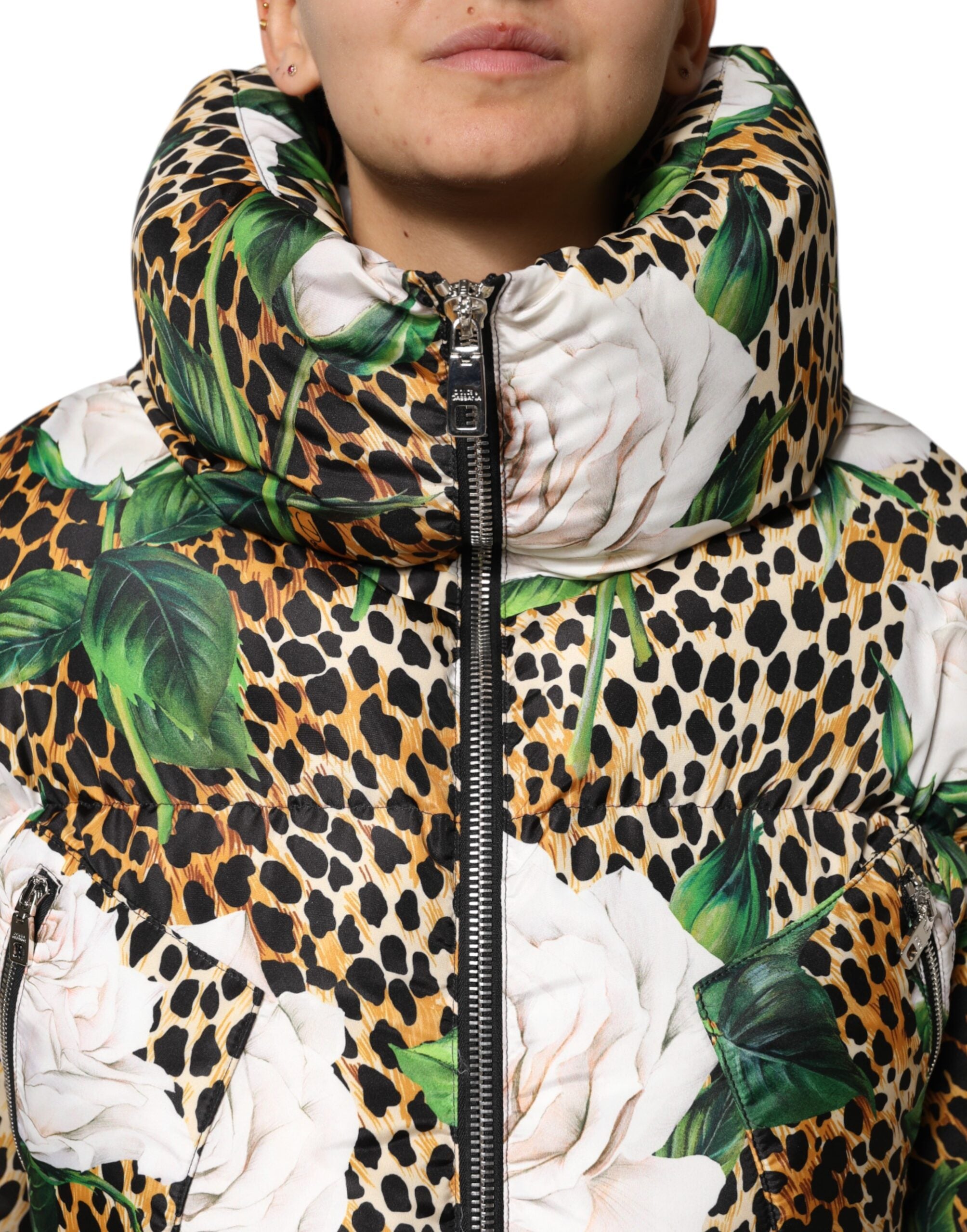 Dolce & Gabbana Multicolor Leopard Rose Puffer Quilted Women's Jacket