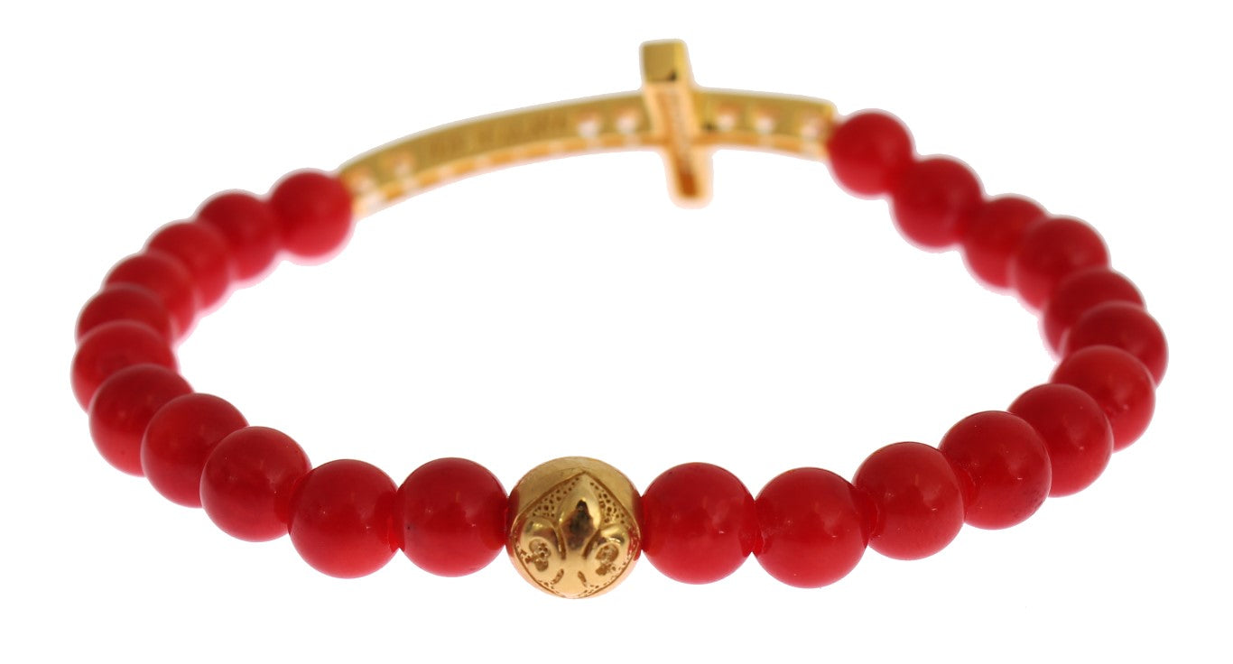 Nialaya Red Coral Gold CZ Cross 925 Silver Women's Bracelet