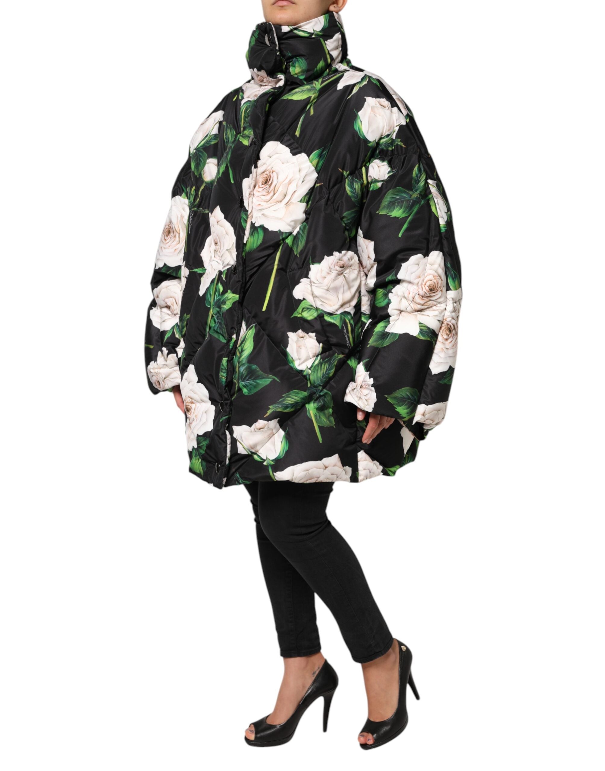 Dolce & Gabbana Black Floral Print Puffer Quilted Women's Jacket