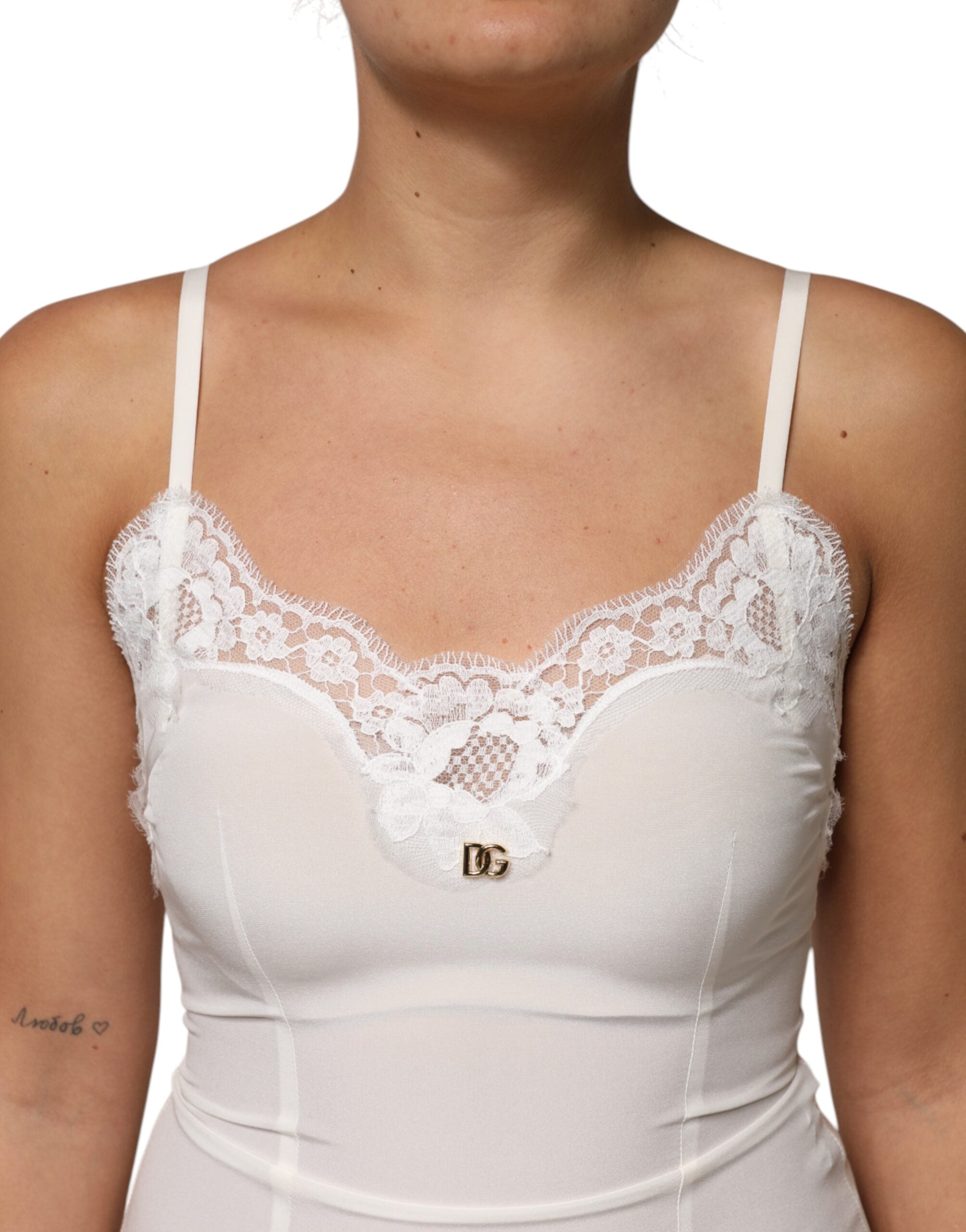 Dolce & Gabbana White Lace Gold DG Logo Silk Dress Women's Sleepwear