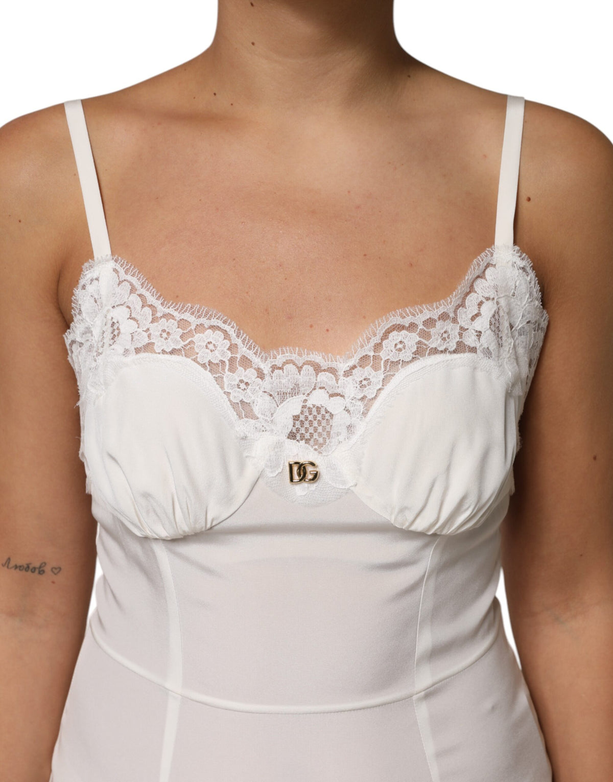 Dolce & Gabbana White Lace DG Logo Silk Dress Women's Sleepwear
