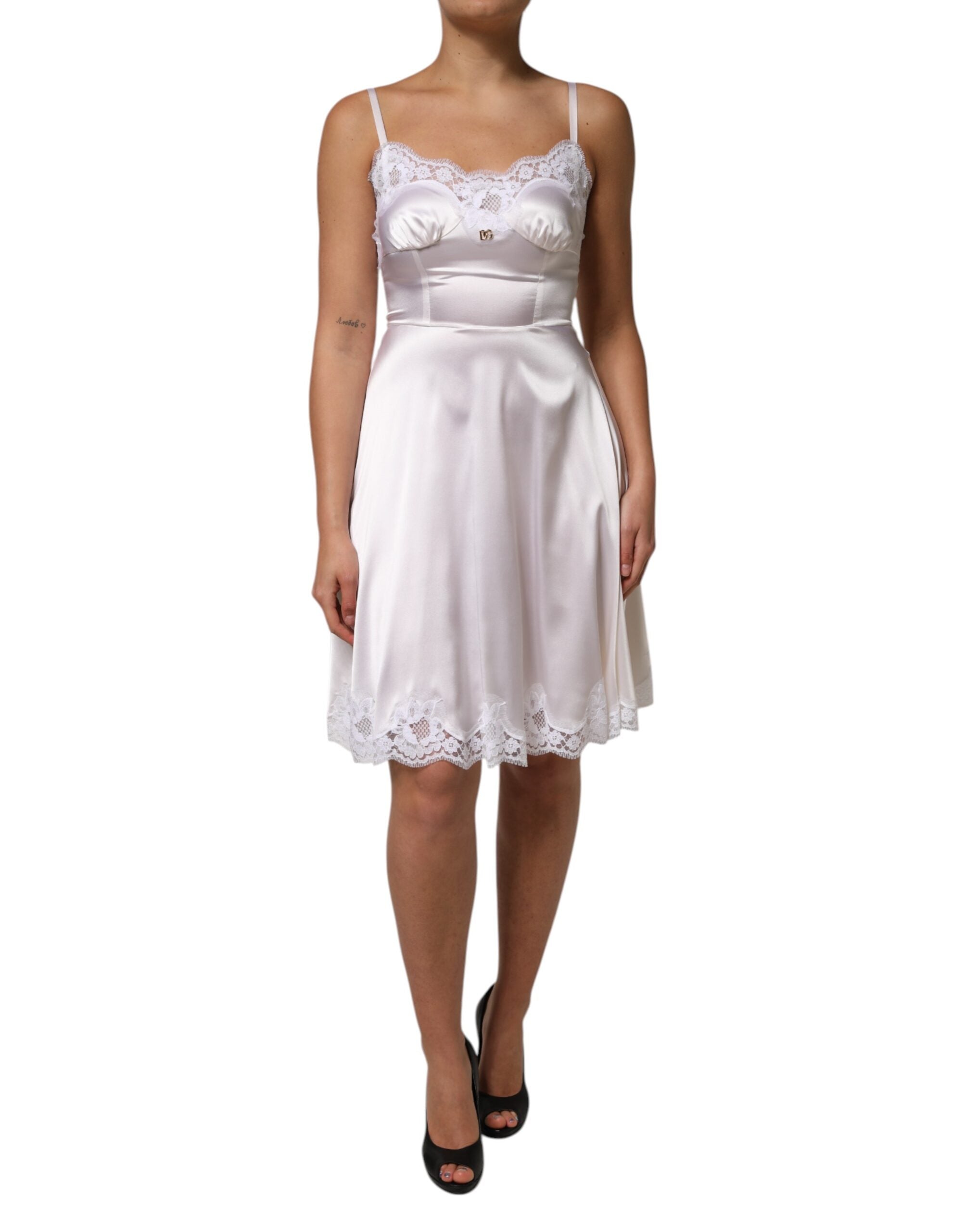 Dolce & Gabbana White Lace Gold DG Logo Silk Dress Women's Sleepwear