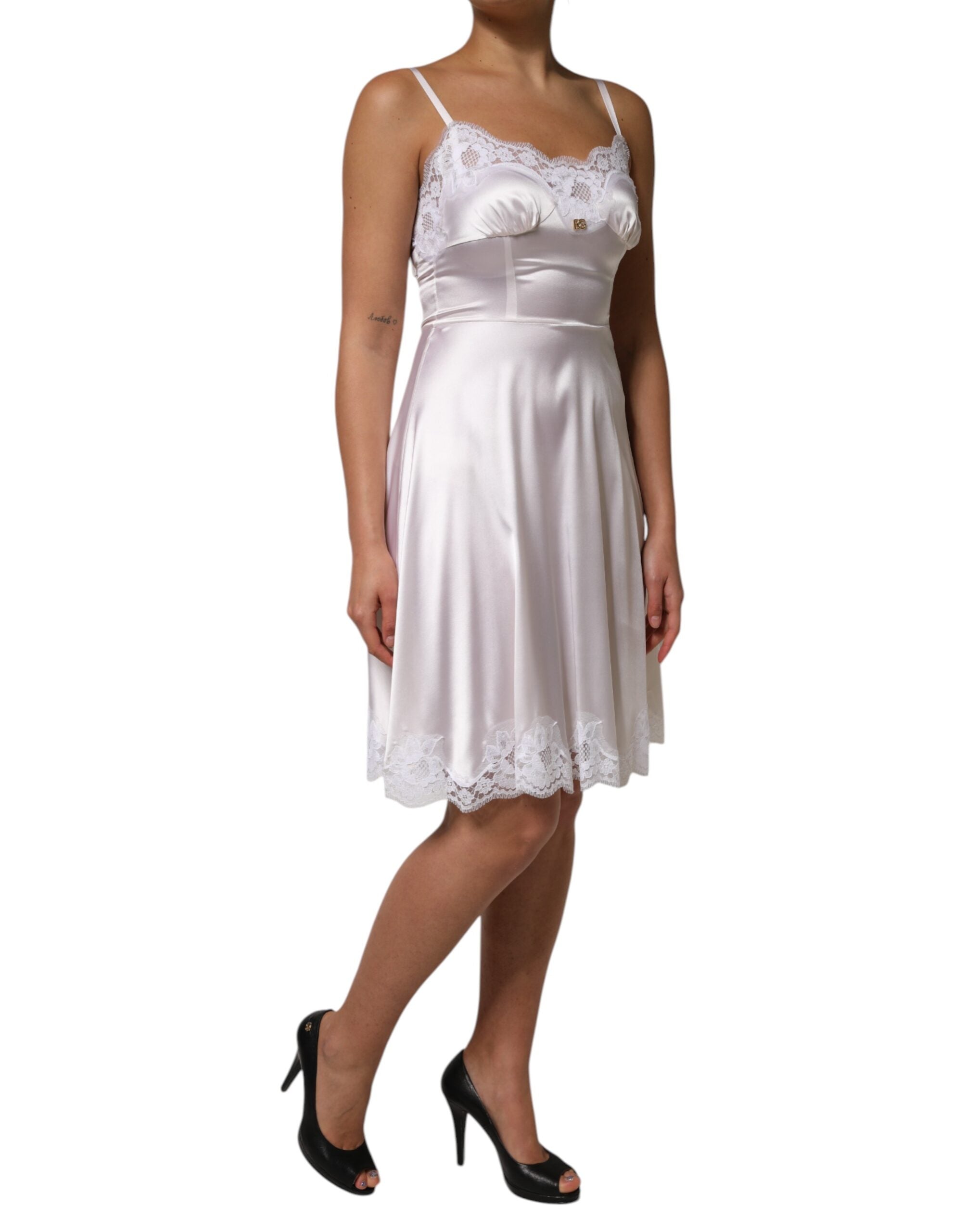 Dolce & Gabbana White Lace Gold DG Logo Silk Dress Women's Sleepwear