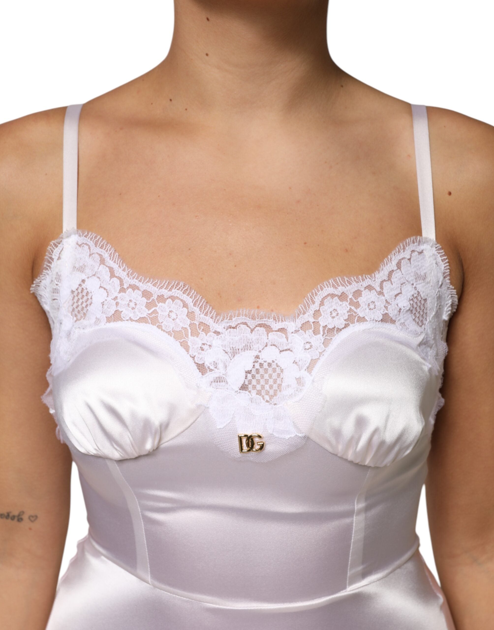 Dolce & Gabbana White Lace Gold DG Logo Silk Dress Women's Sleepwear