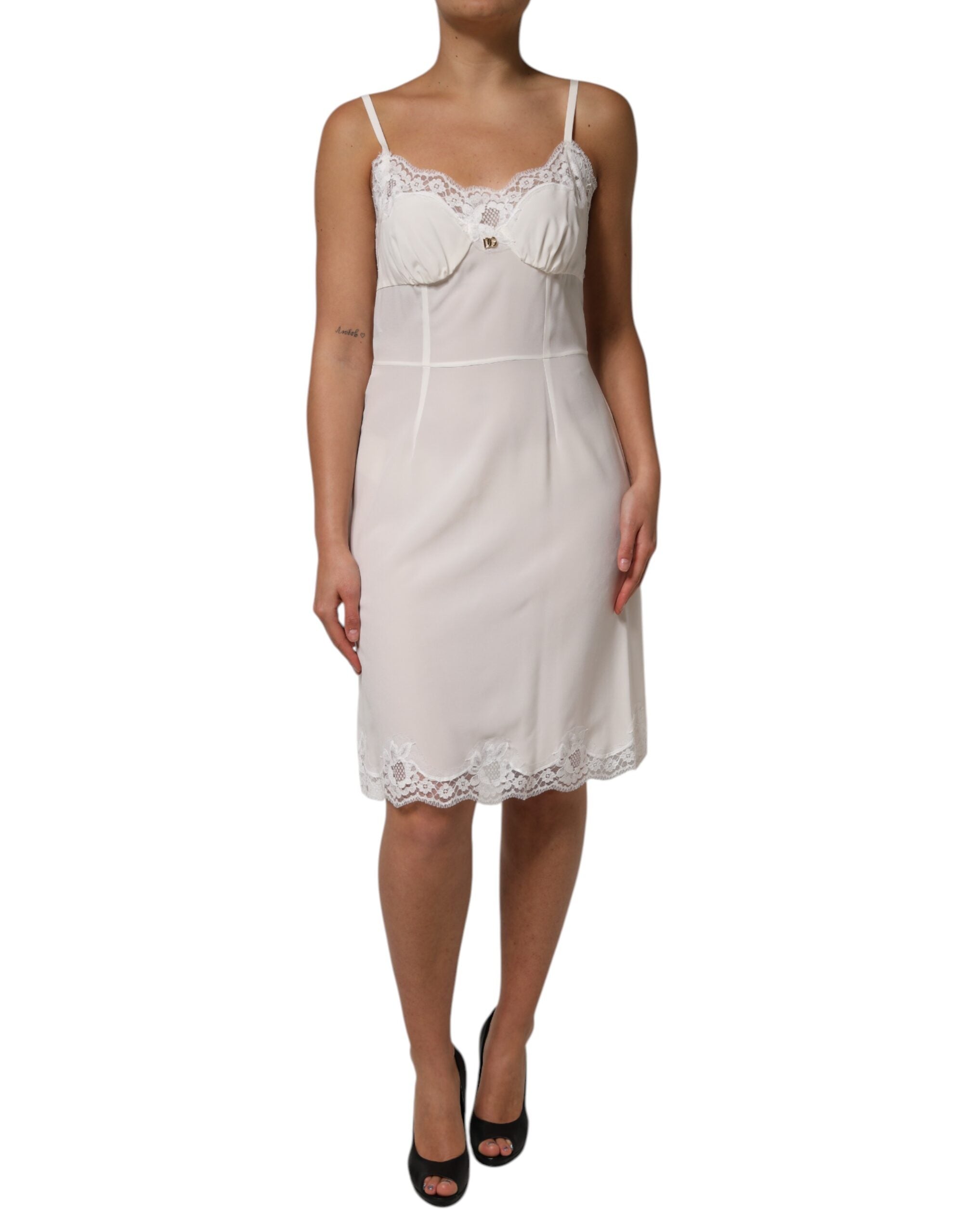 Dolce & Gabbana White Lace Gold DG Logo Silk Dress Women's Sleepwear