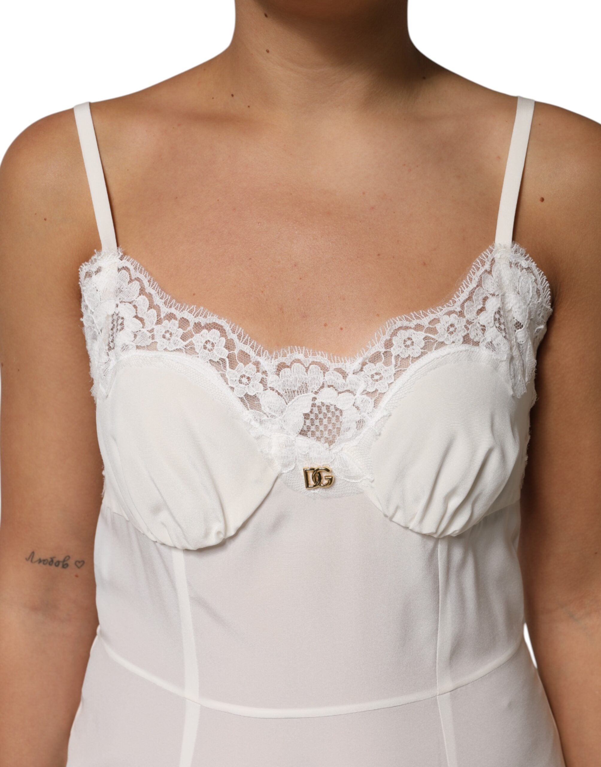 Dolce & Gabbana White Lace Gold DG Logo Silk Dress Women's Sleepwear