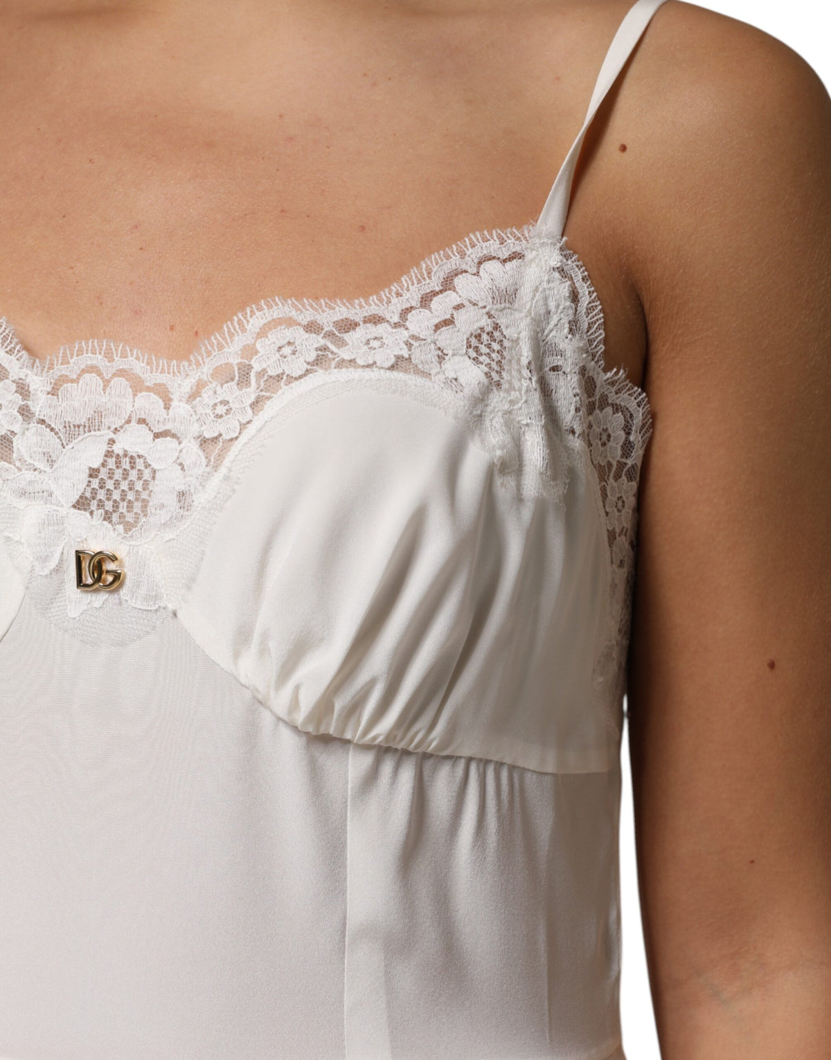 Dolce & Gabbana White Lace Gold DG Logo Silk Dress Women's Sleepwear