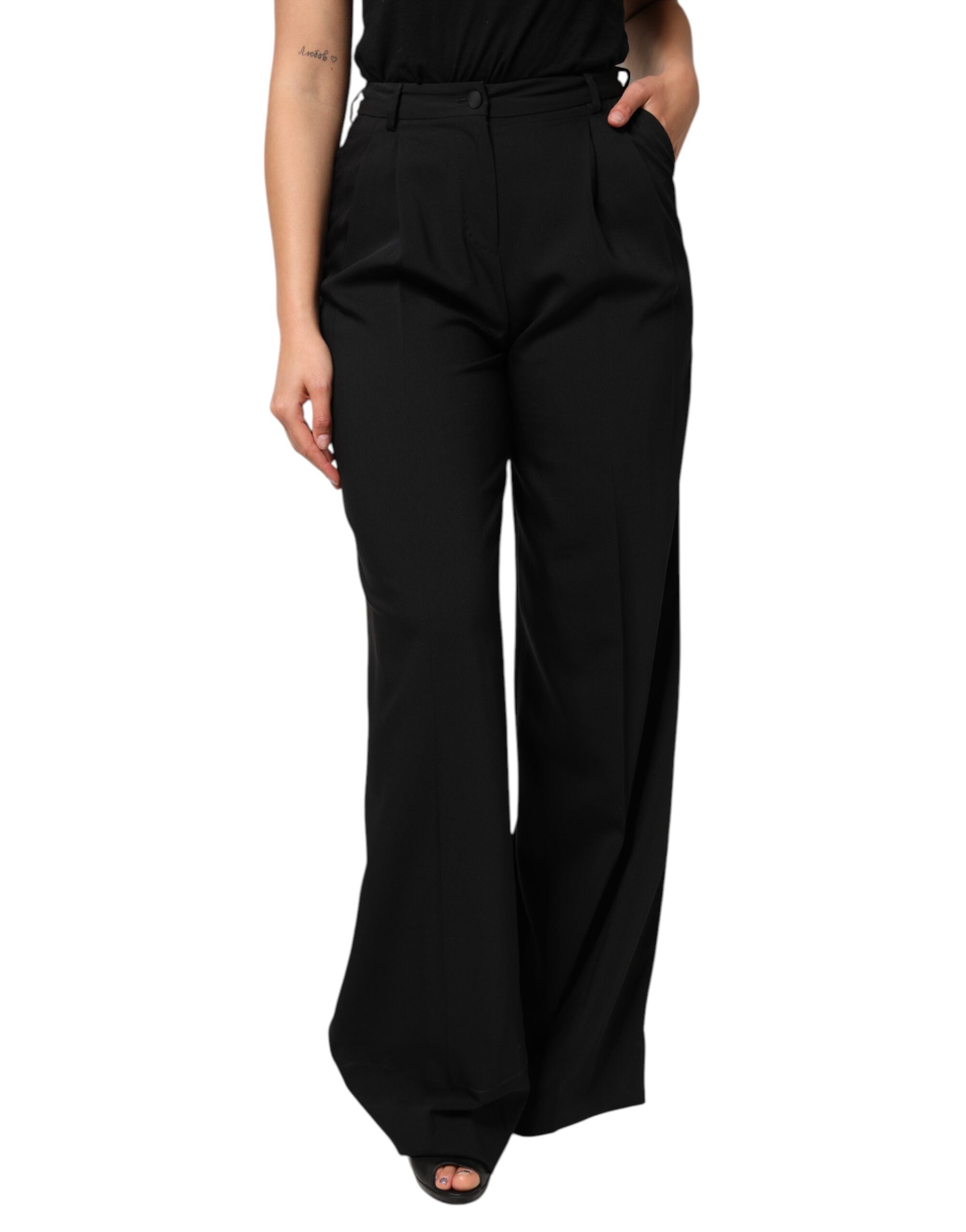 Dolce & Gabbana Black Wool High Waist Wide Leg Women's Pants (Pre-Owned)