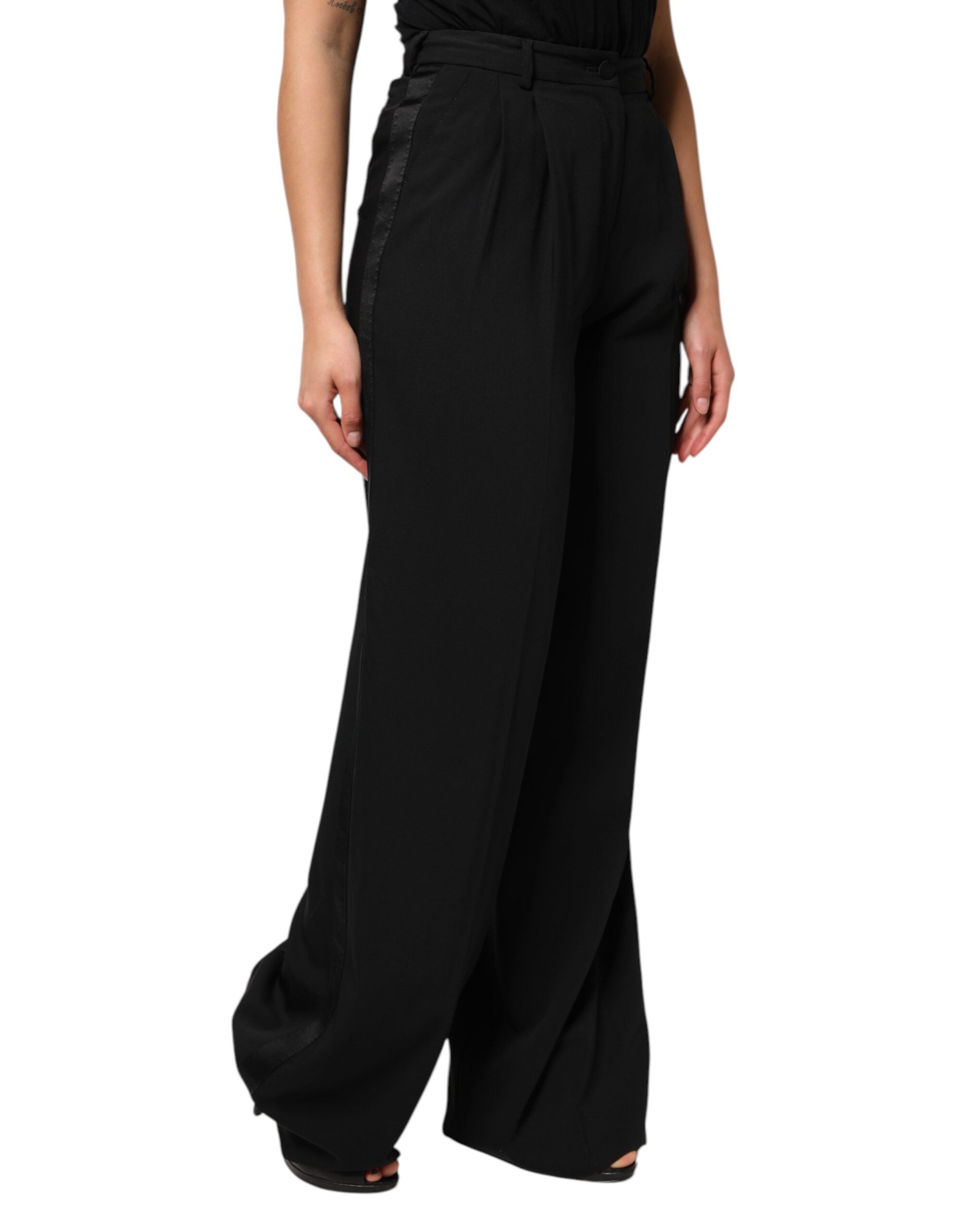 Dolce & Gabbana Black Wool High Waist Wide Leg Women's Pants (Pre-Owned)
