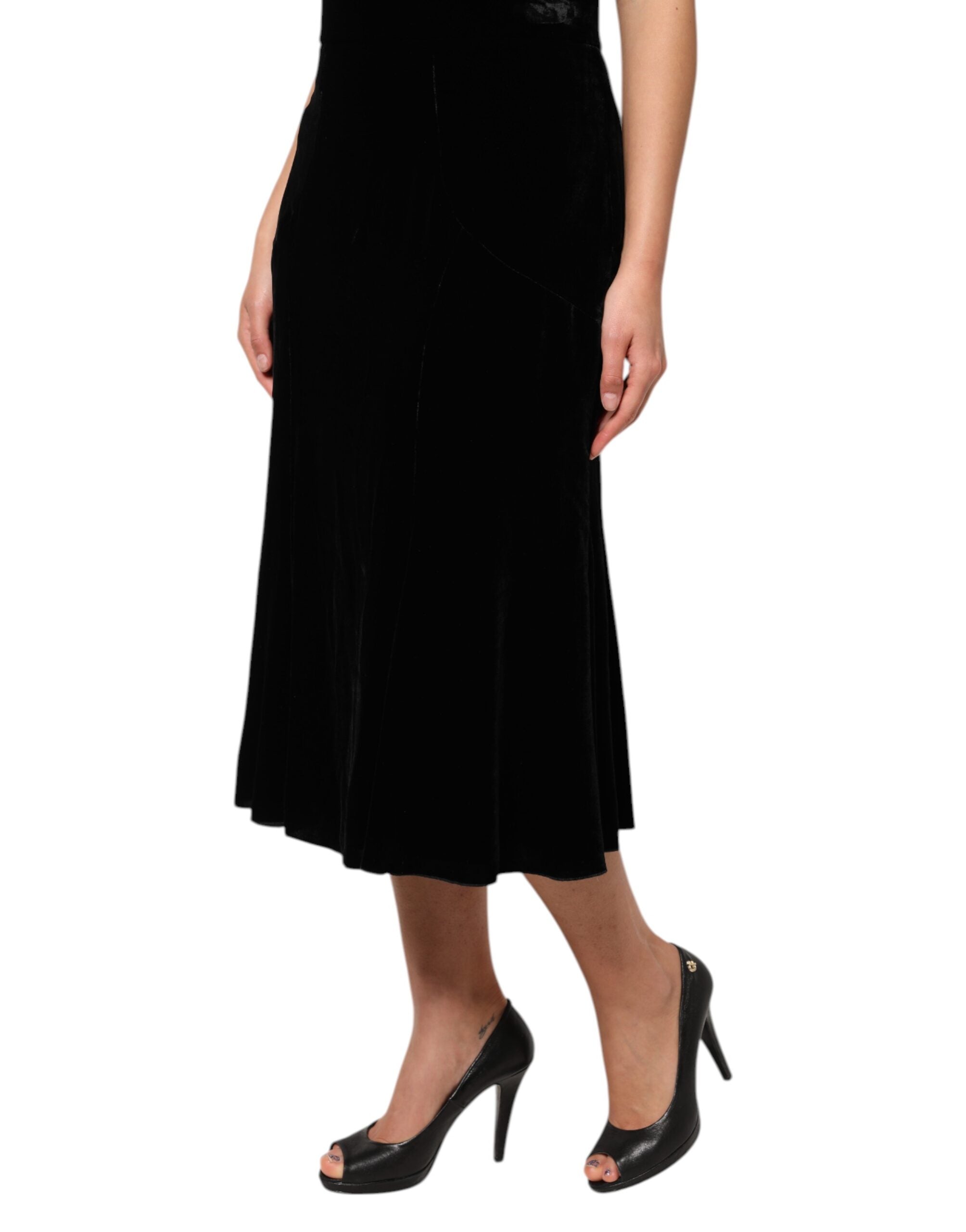Dolce & Gabbana Black High Waist Fit Flared Midi Women's Skirt