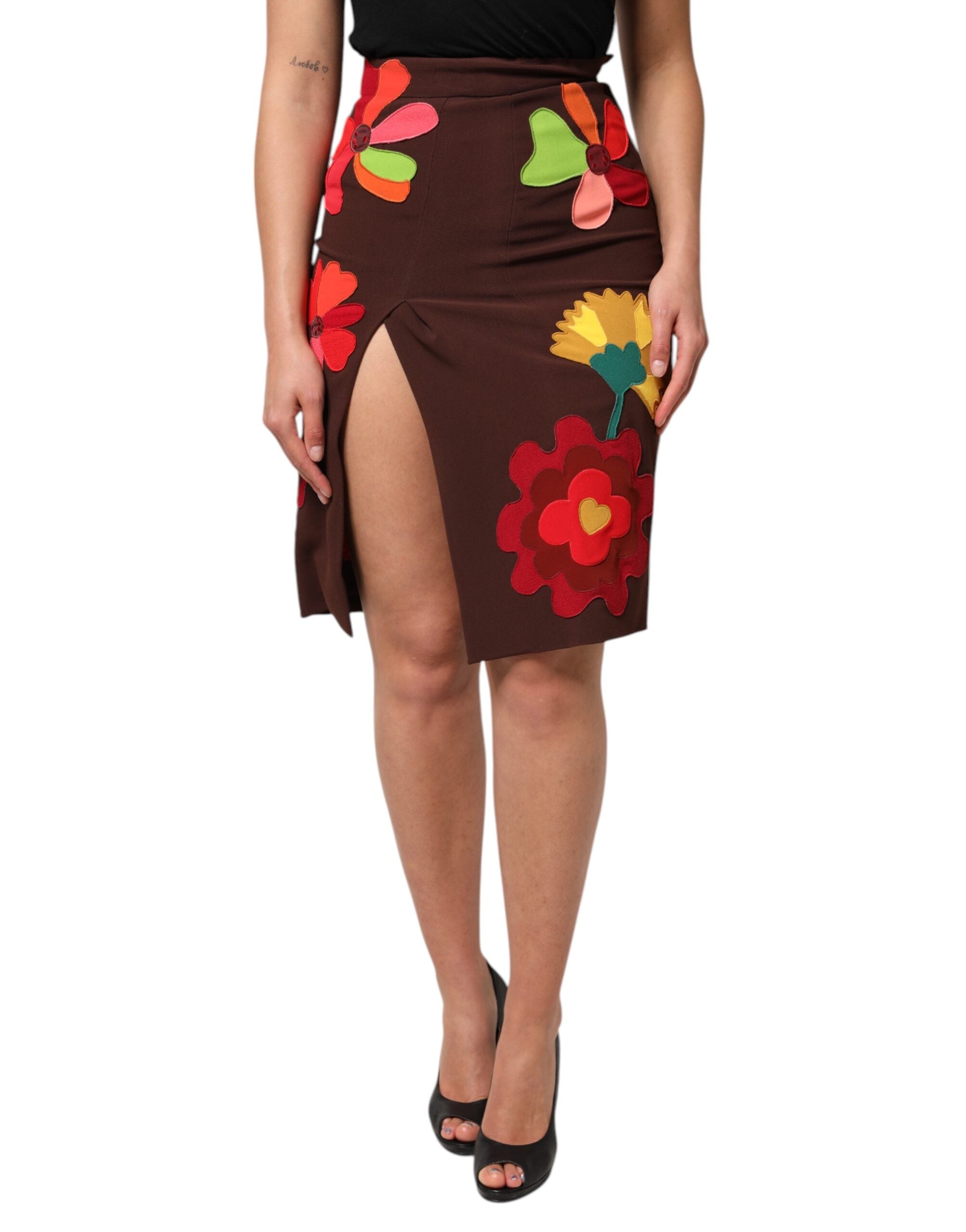 Dolce & Gabbana Brown Floral High Waist Side Slit Women's Skirt