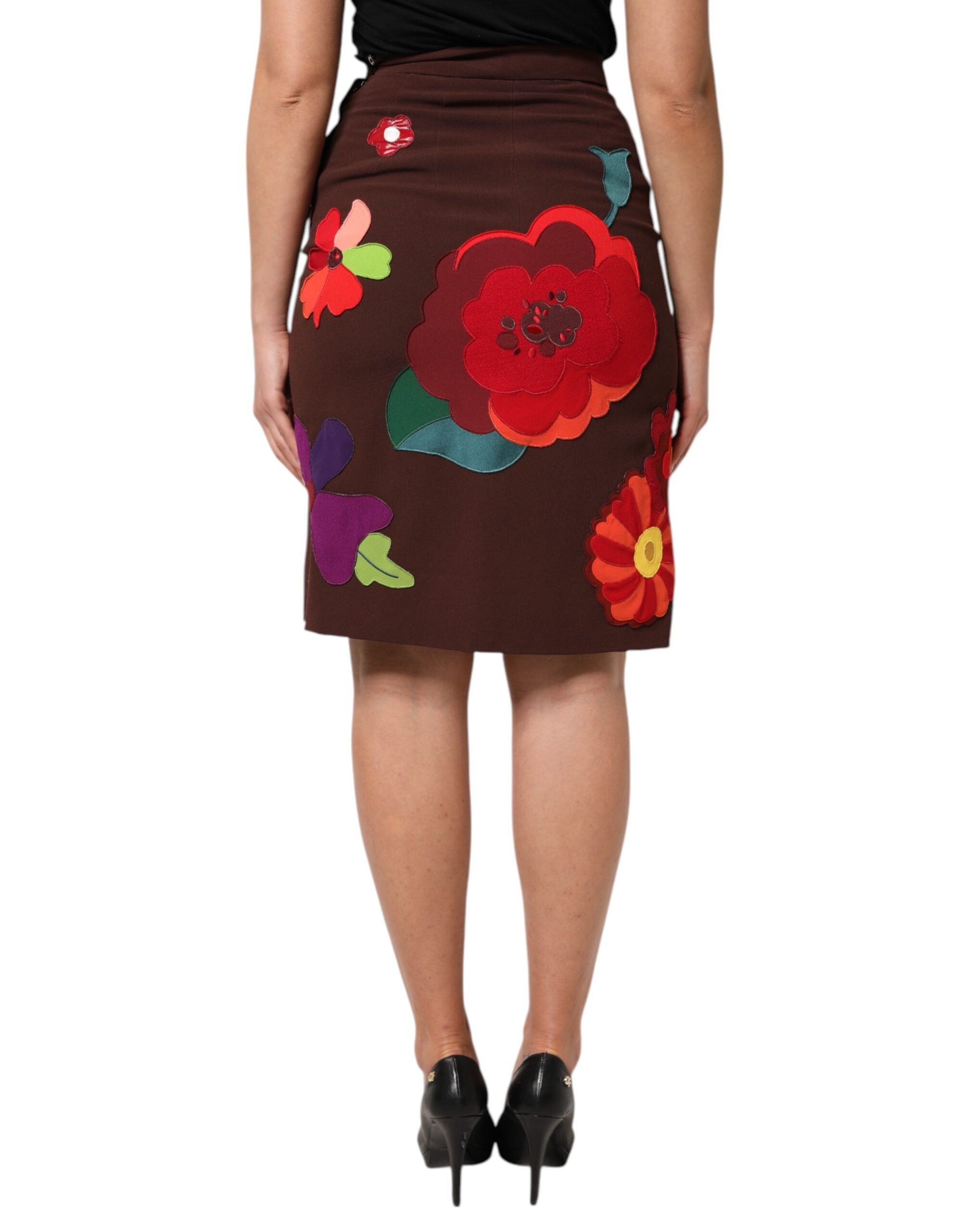 Dolce & Gabbana Brown Floral High Waist Side Slit Women's Skirt