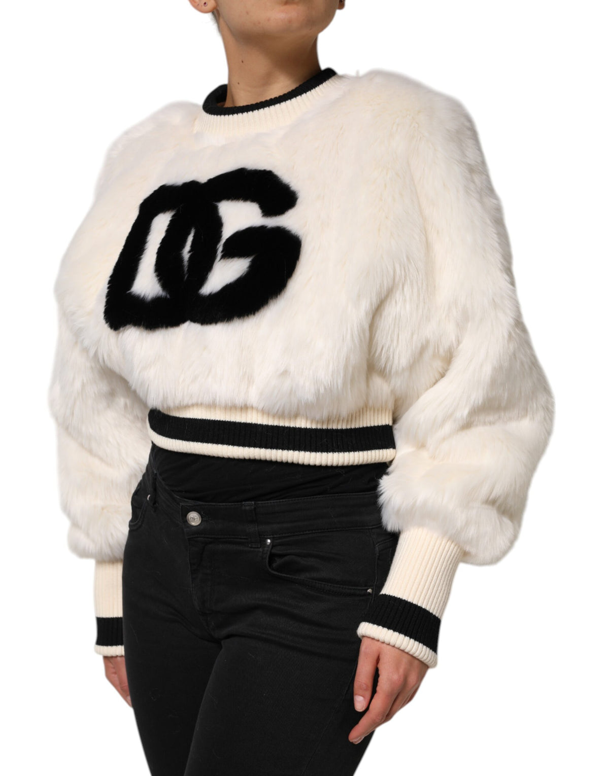 Dolce & Gabbana White Cropped Faux Fur DG Sweatshirt Women's Sweater