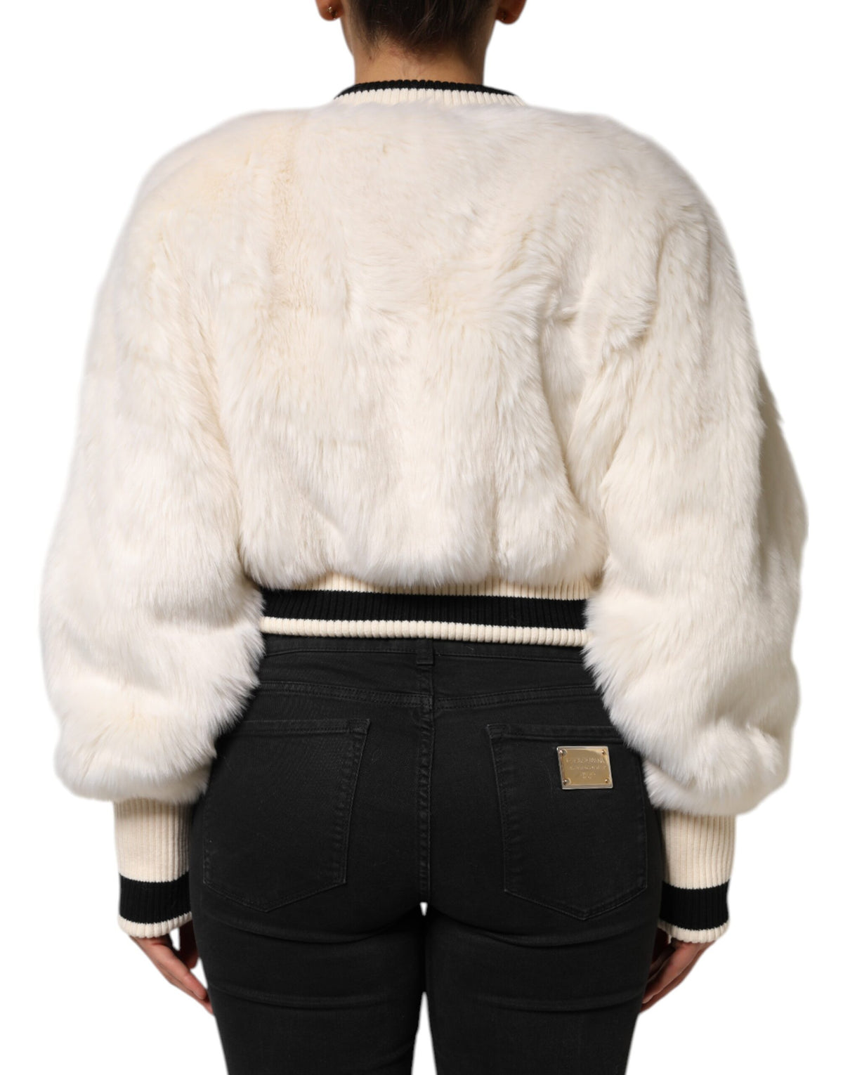 Dolce & Gabbana White Cropped Faux Fur DG Sweatshirt Women's Sweater