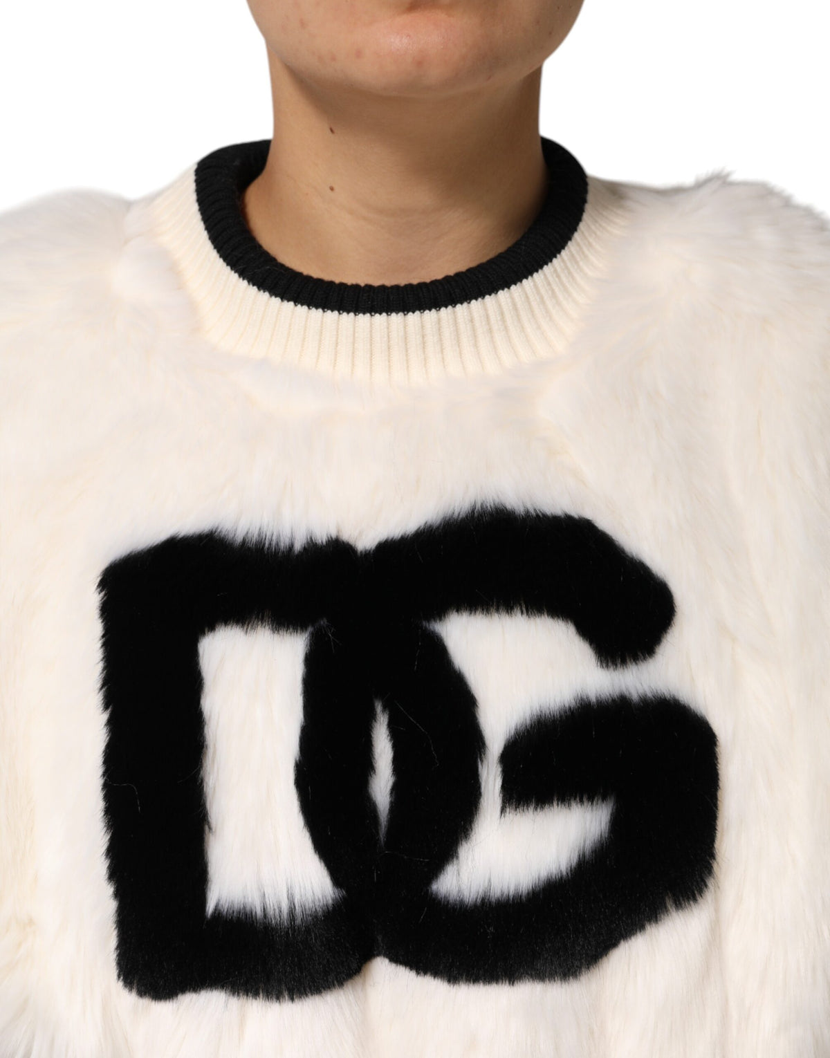 Dolce & Gabbana White Cropped Faux Fur DG Sweatshirt Women's Sweater