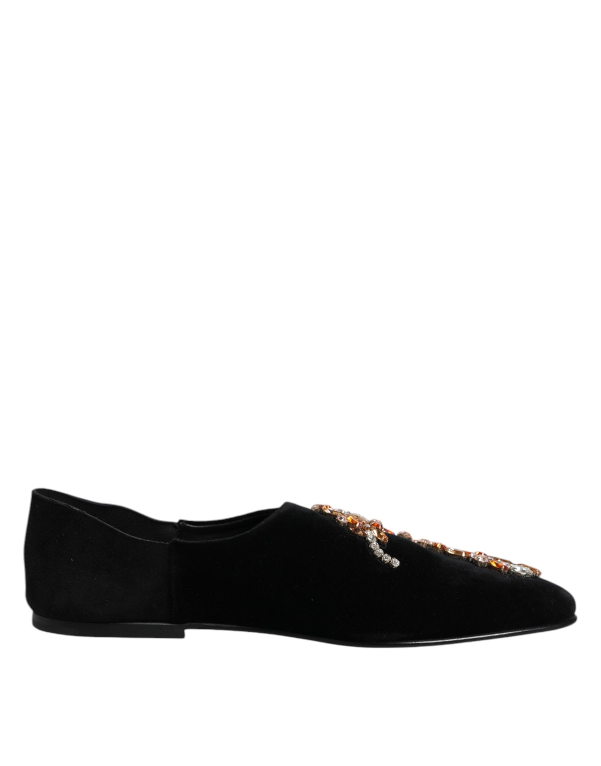 Dolce & Gabbana Black Velvet Embellished Loafer Slip On Men's Shoes
