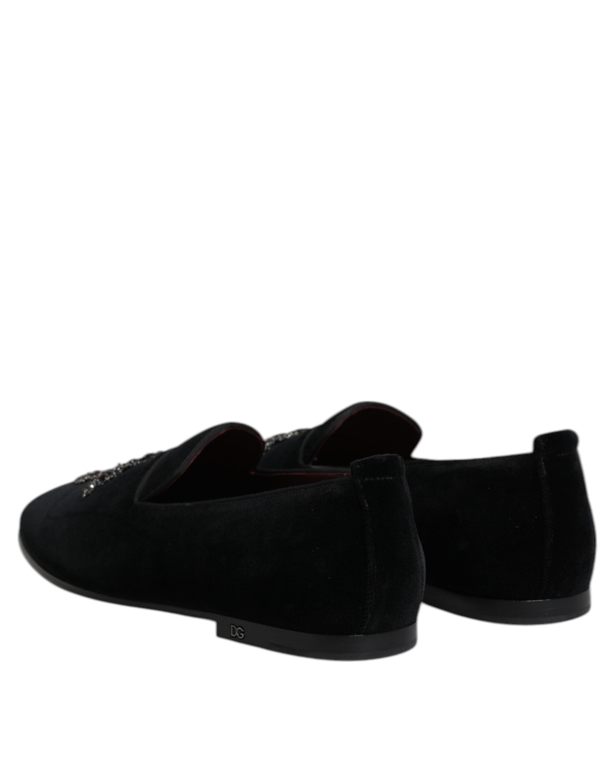 Dolce & Gabbana Black Velvet Embellished Loafer Slip On Men's Shoes