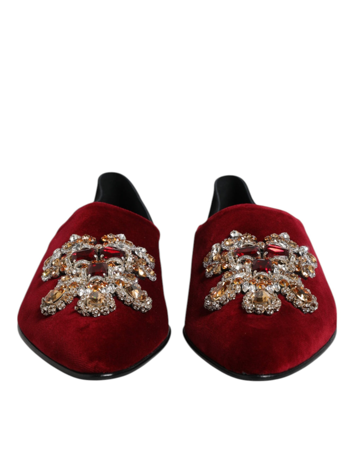 Dolce & Gabbana Black Red Velvet Embellished Slip On Men's Shoes