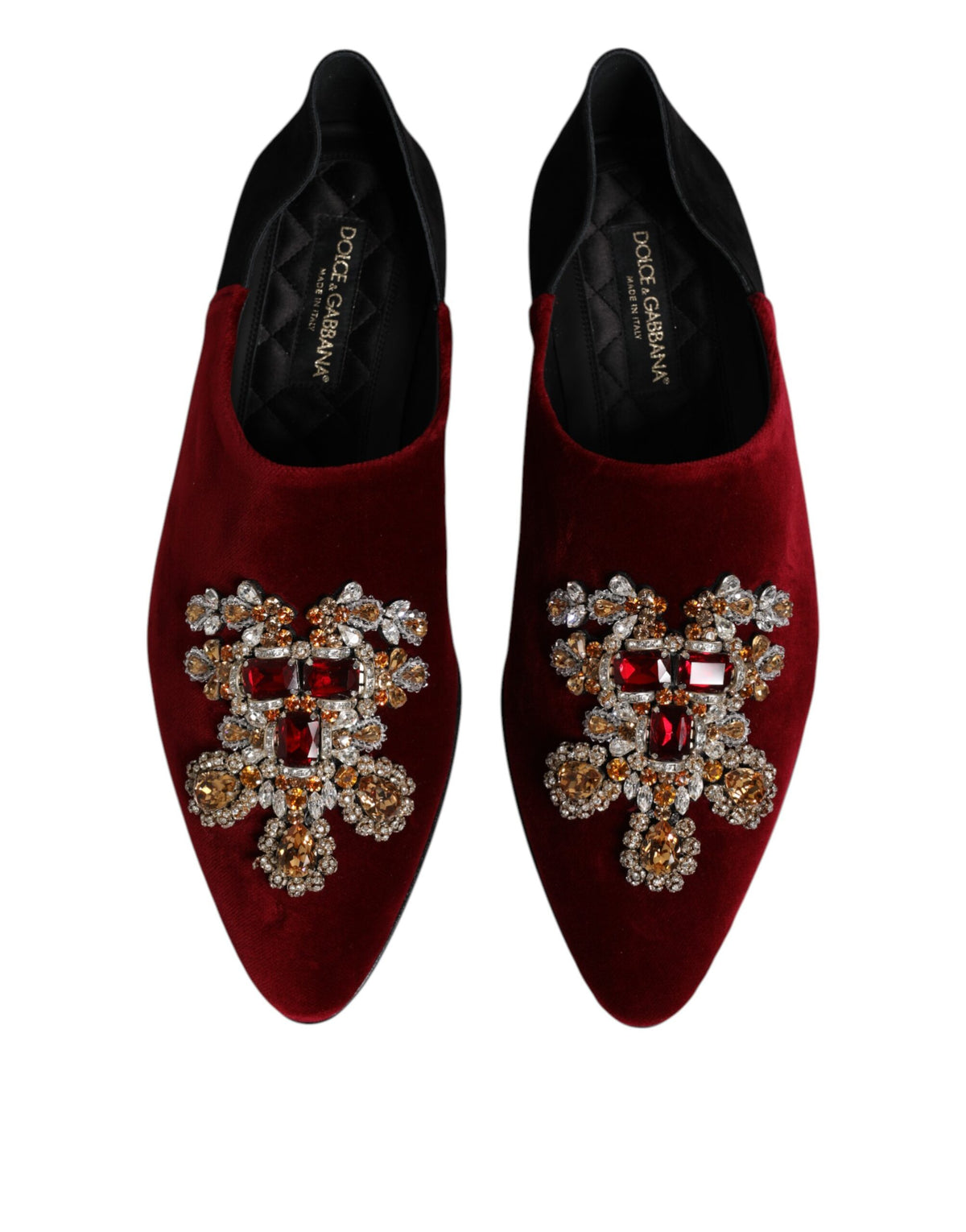 Dolce & Gabbana Black Red Velvet Embellished Slip On Men's Shoes