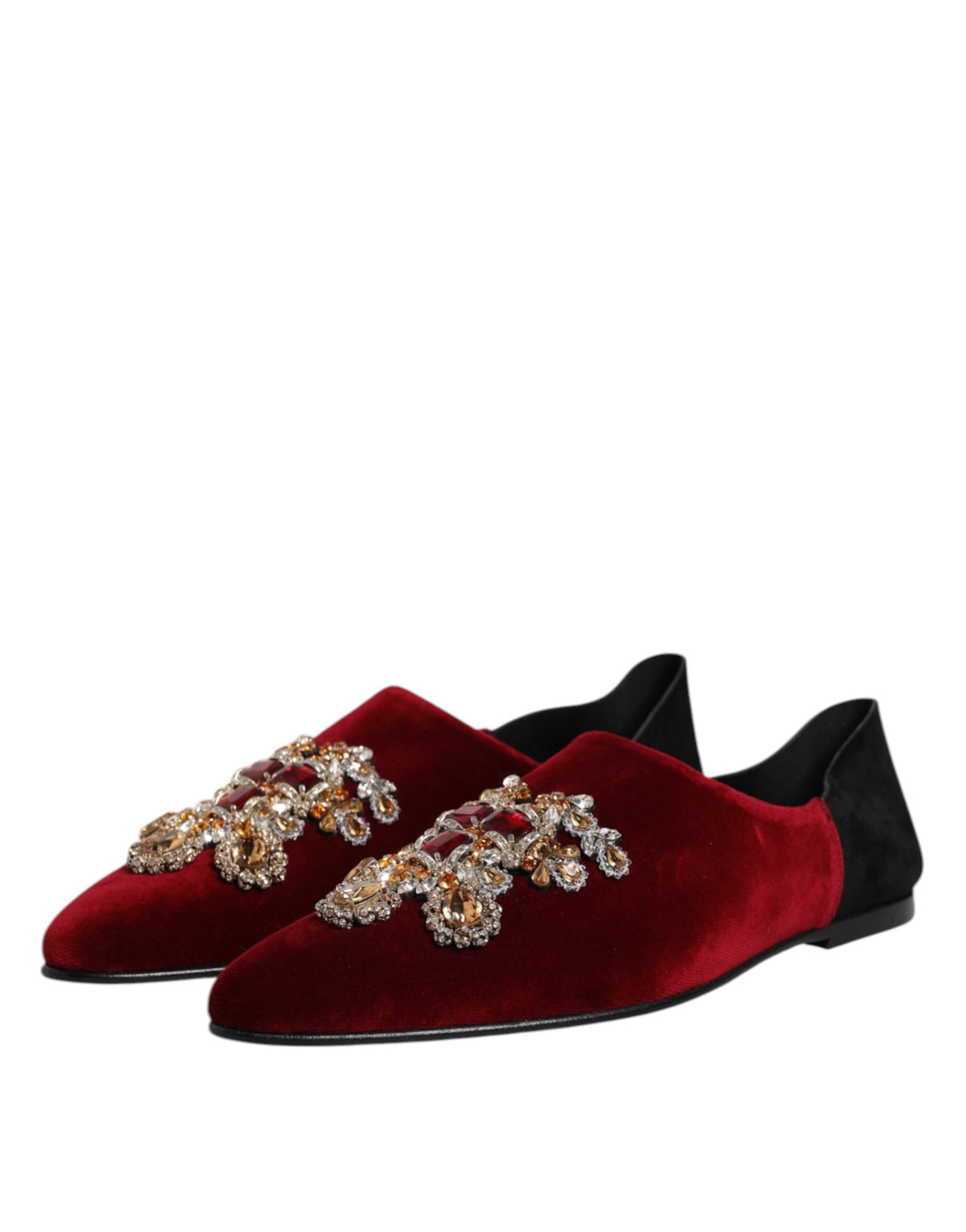 Dolce & Gabbana Black Red Velvet Embellished Slip On Men's Shoes