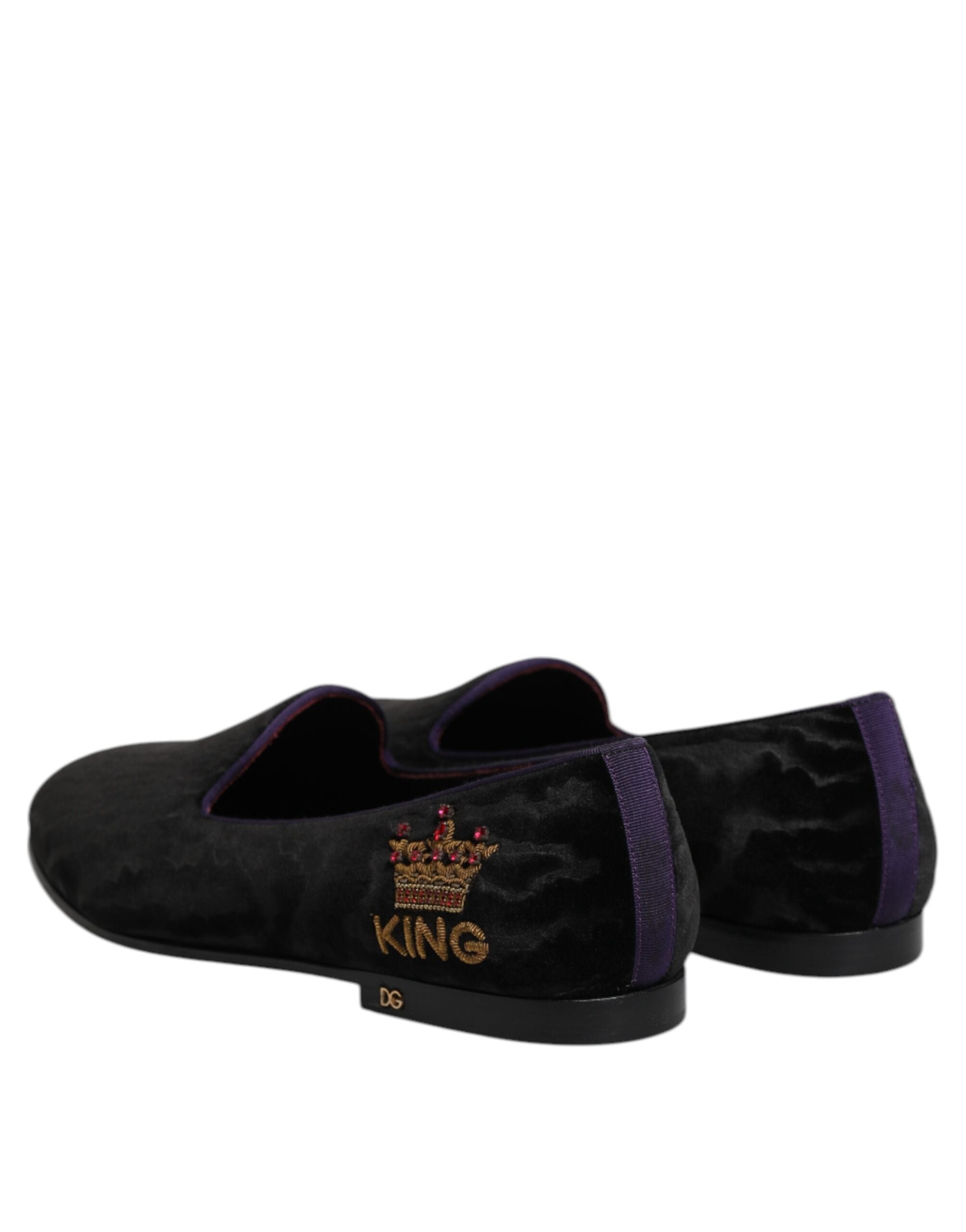 Dolce & Gabbana Black DG Crown Embroidery Loafers Slip On Men's Shoes