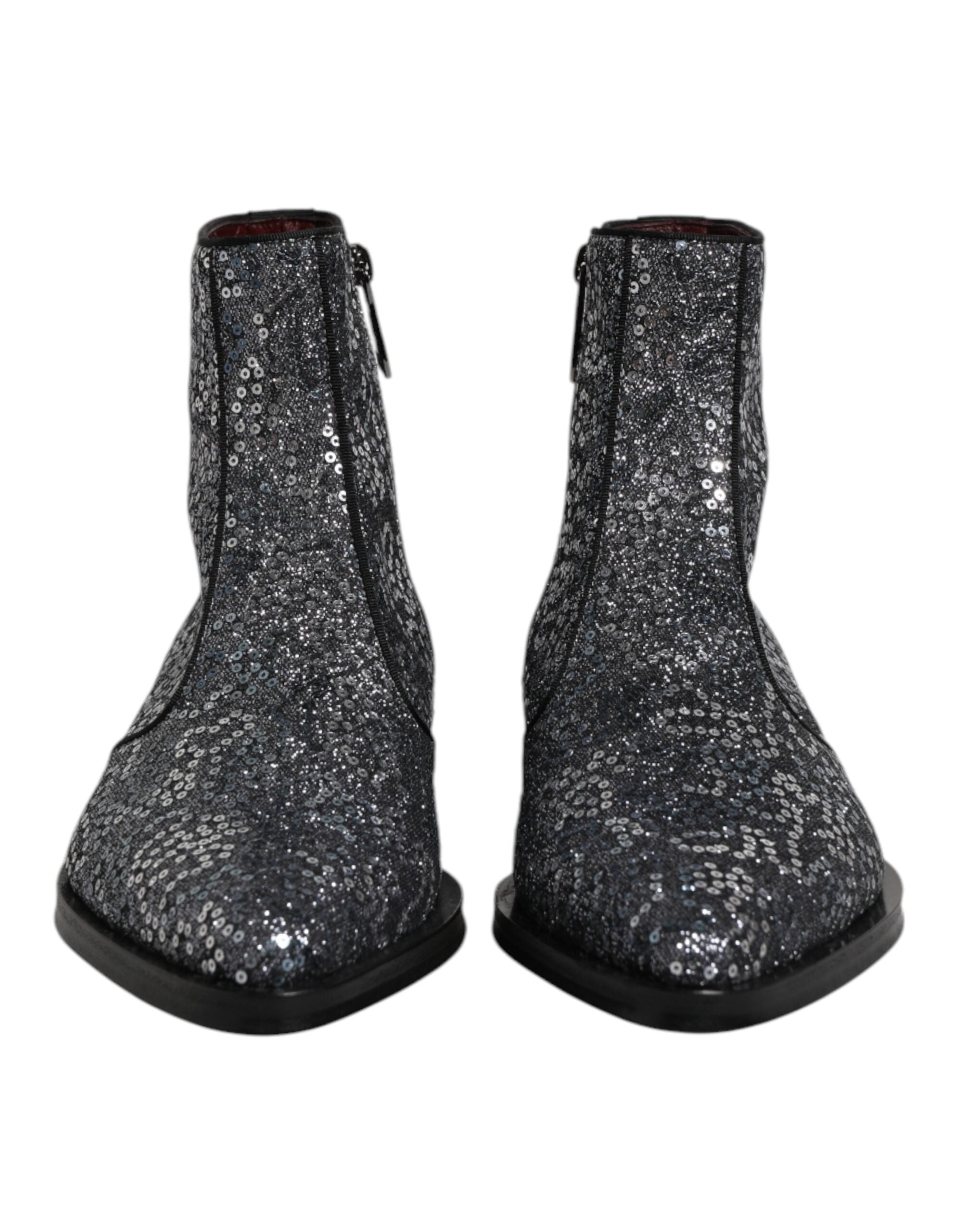 Dolce & Gabbana Dark Gray Cotton Sequined Chelsea Boots Men's Shoes