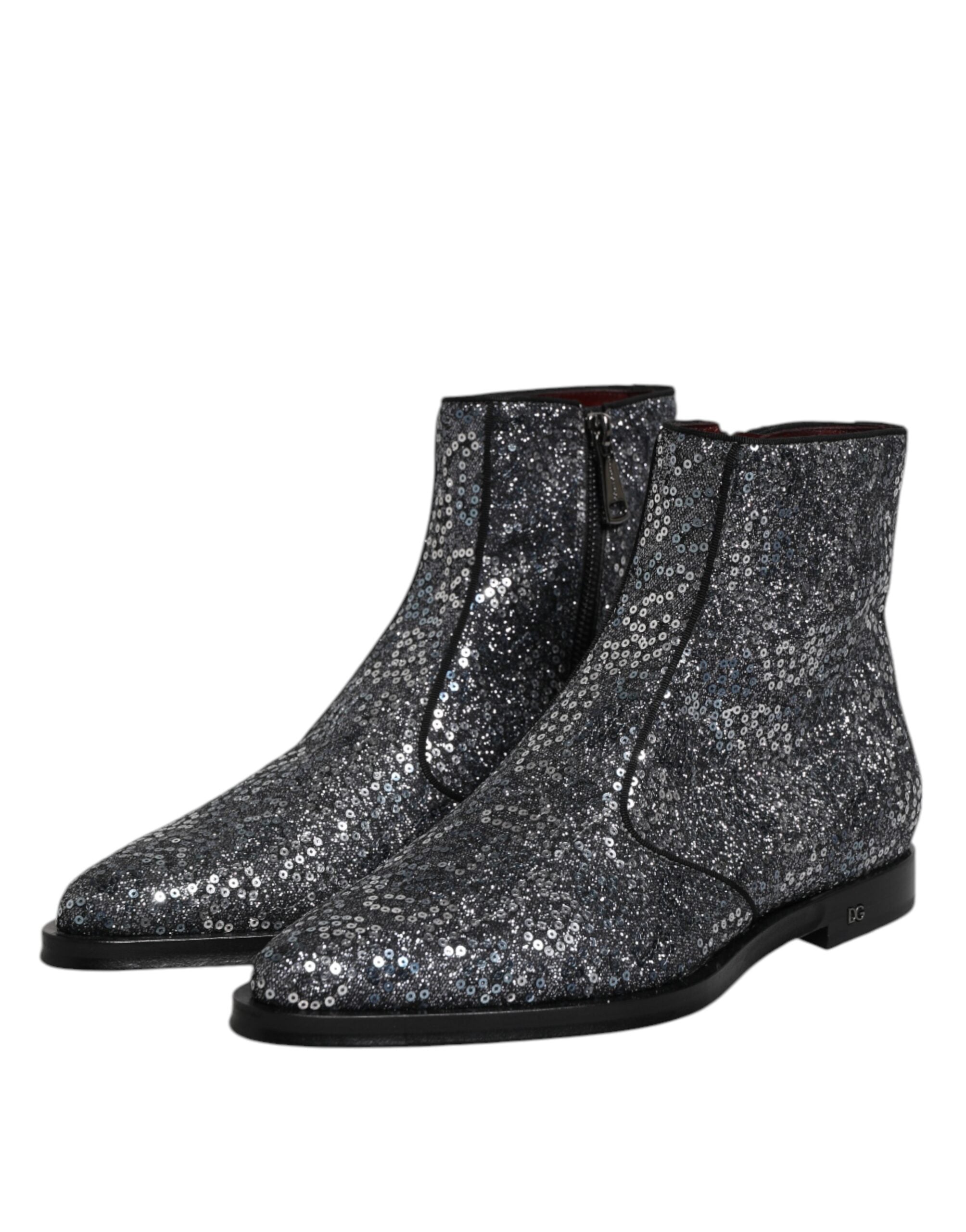 Dolce & Gabbana Dark Gray Cotton Sequined Chelsea Boots Men's Shoes