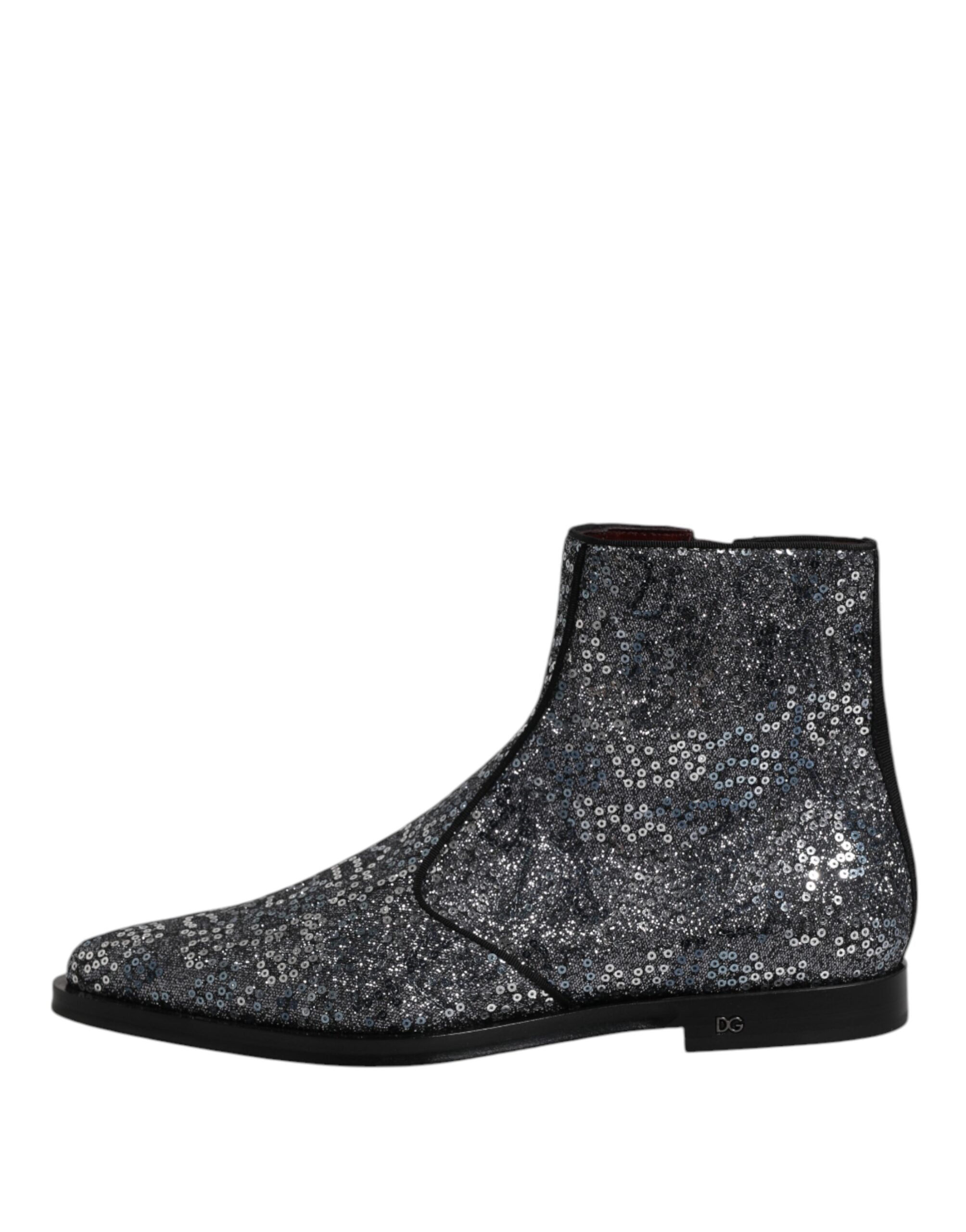 Dolce & Gabbana Dark Gray Cotton Sequined Chelsea Boots Men's Shoes