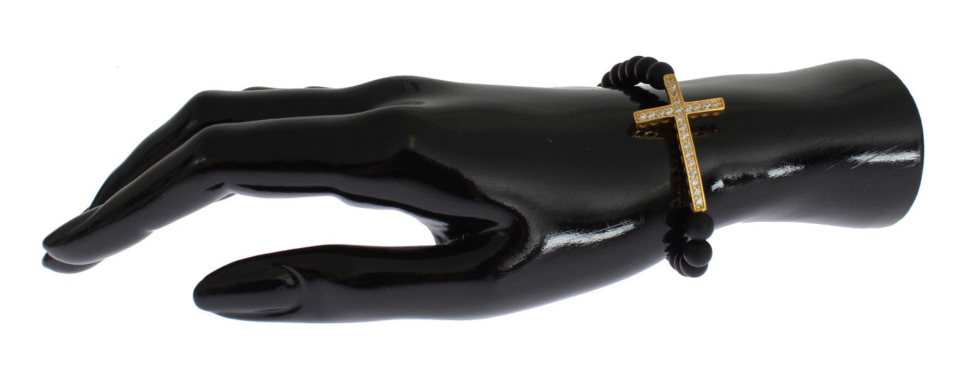 Nialaya Matte Onyx Stone Gold CZ Cross 925 Silver Women's Bracelet