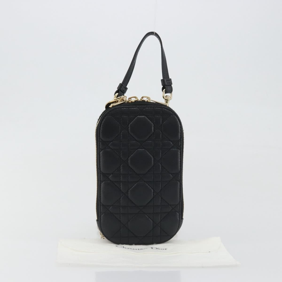 Christian Dior Lady Dior Phone Holder On Chain Cannage Quilt Lambskin Black Leather Shoulder Bag Bag (Pre-Owned)