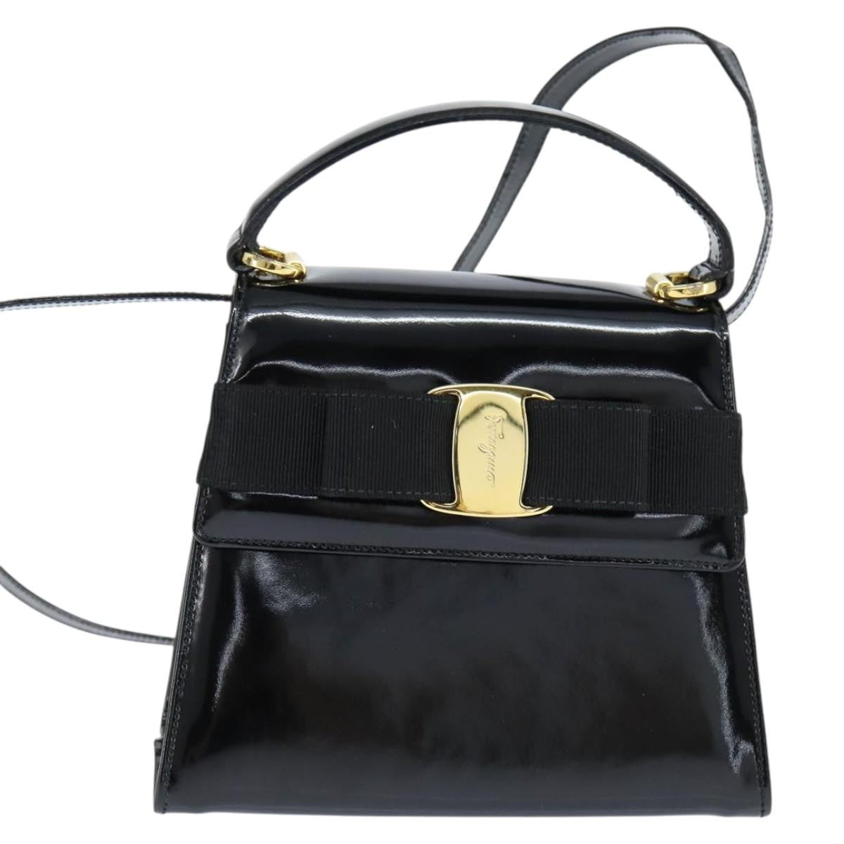Salvatore Ferragamo Vala Patent Leather Black Patent_Leather Handbag (Pre-Owned)