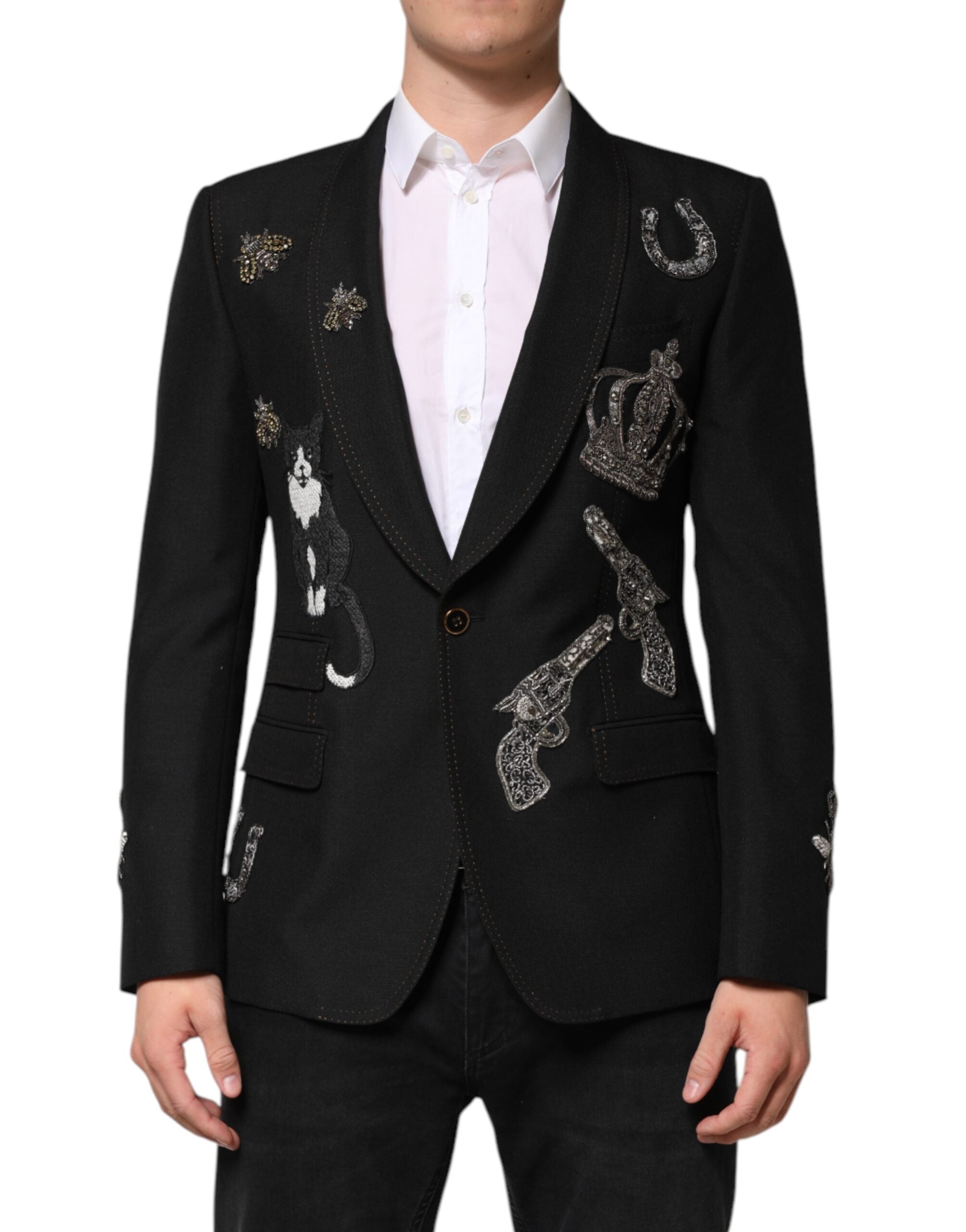 Dolce & Gabbana Black Bee Crown Embellished Suit Coat Men's Blazer