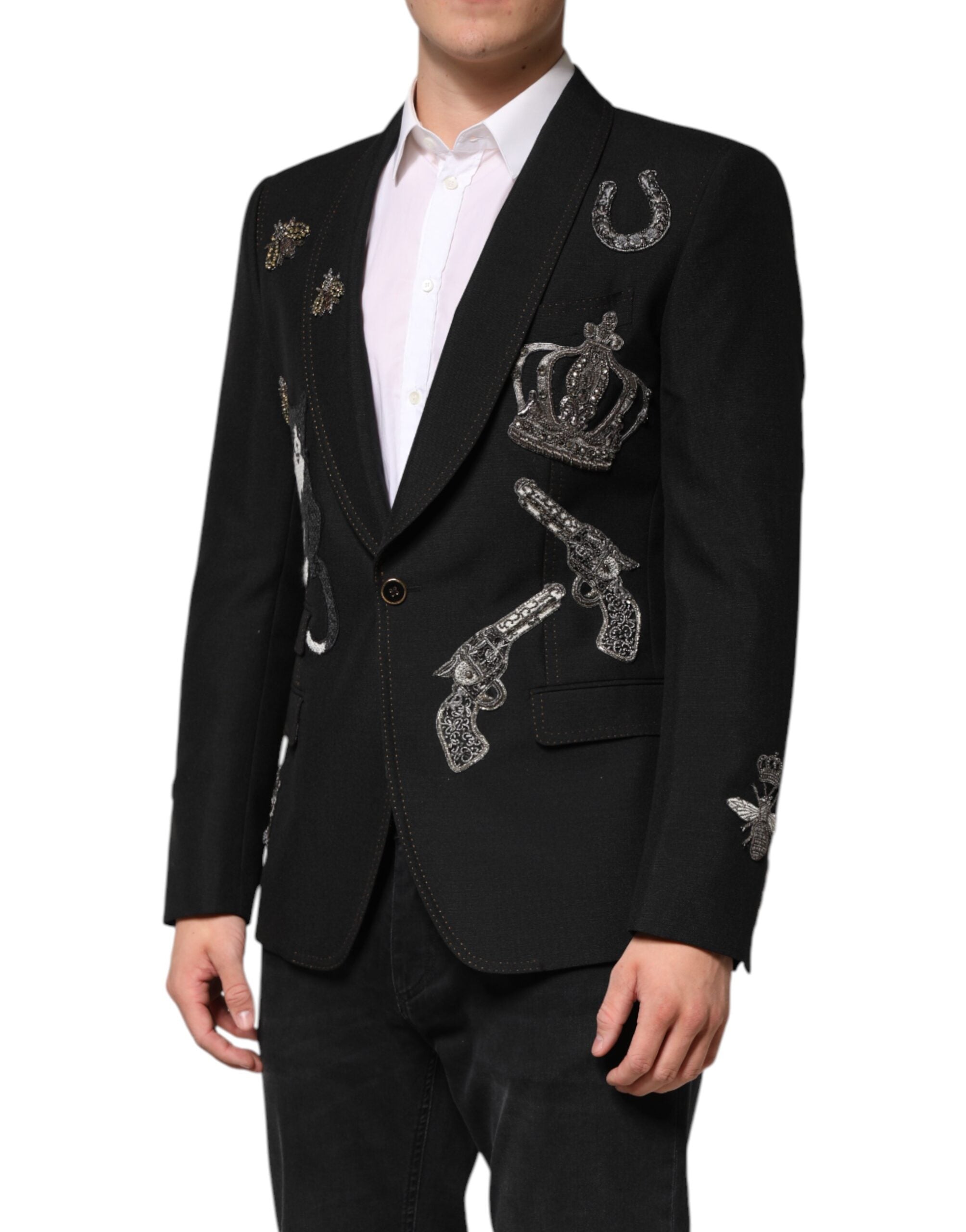 Dolce & Gabbana Black Bee Crown Embellished Suit Coat Men's Blazer