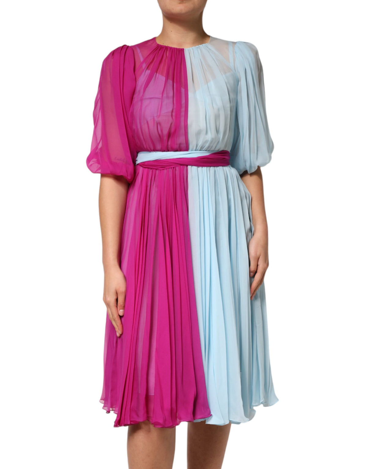 Dolce & Gabbana Fuchsia Light Blue Silk Two Tone Midi Women's Dress