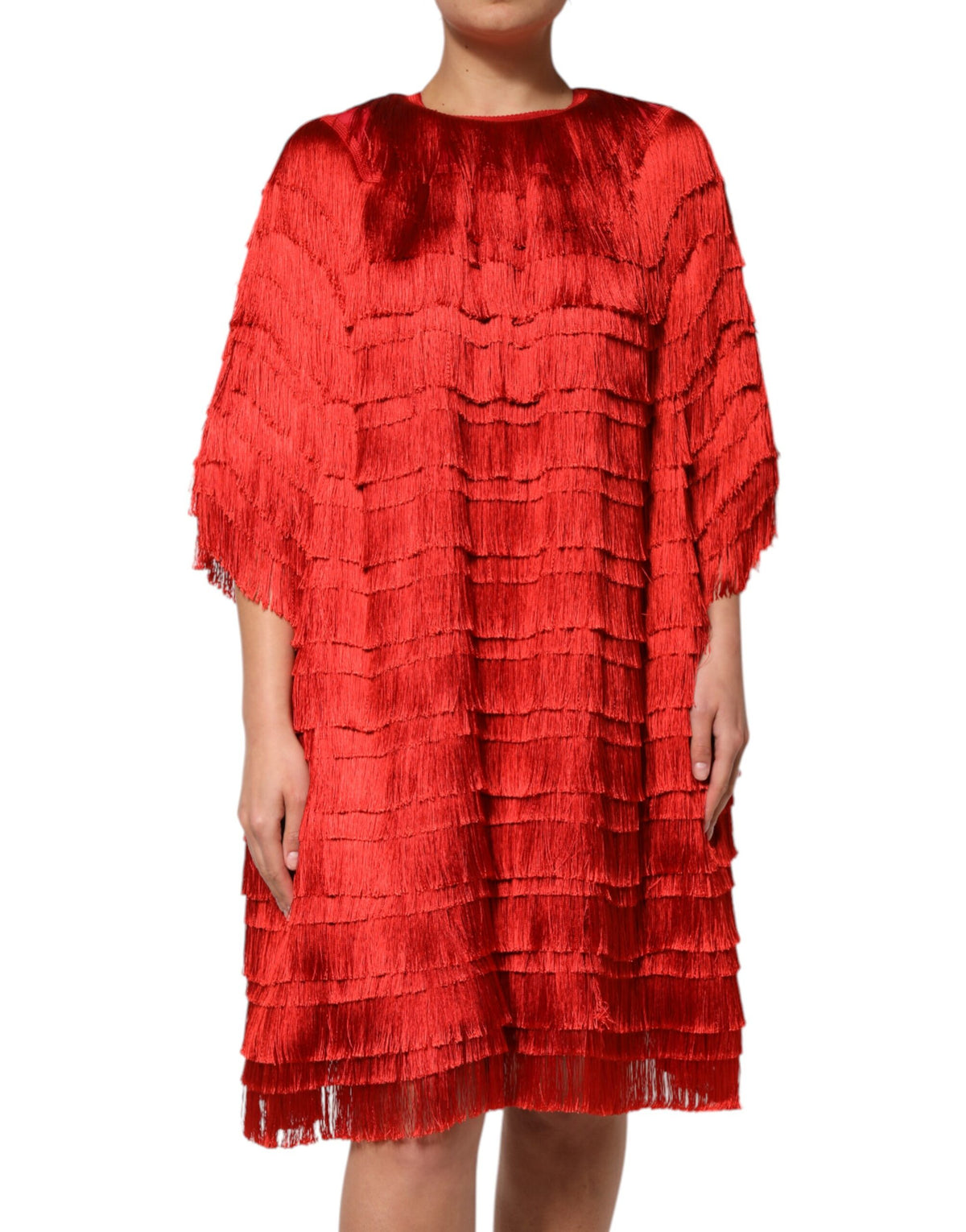 Dolce & Gabbana Red Silk Tiers Fringe Shift Knee Length Women's Dress
