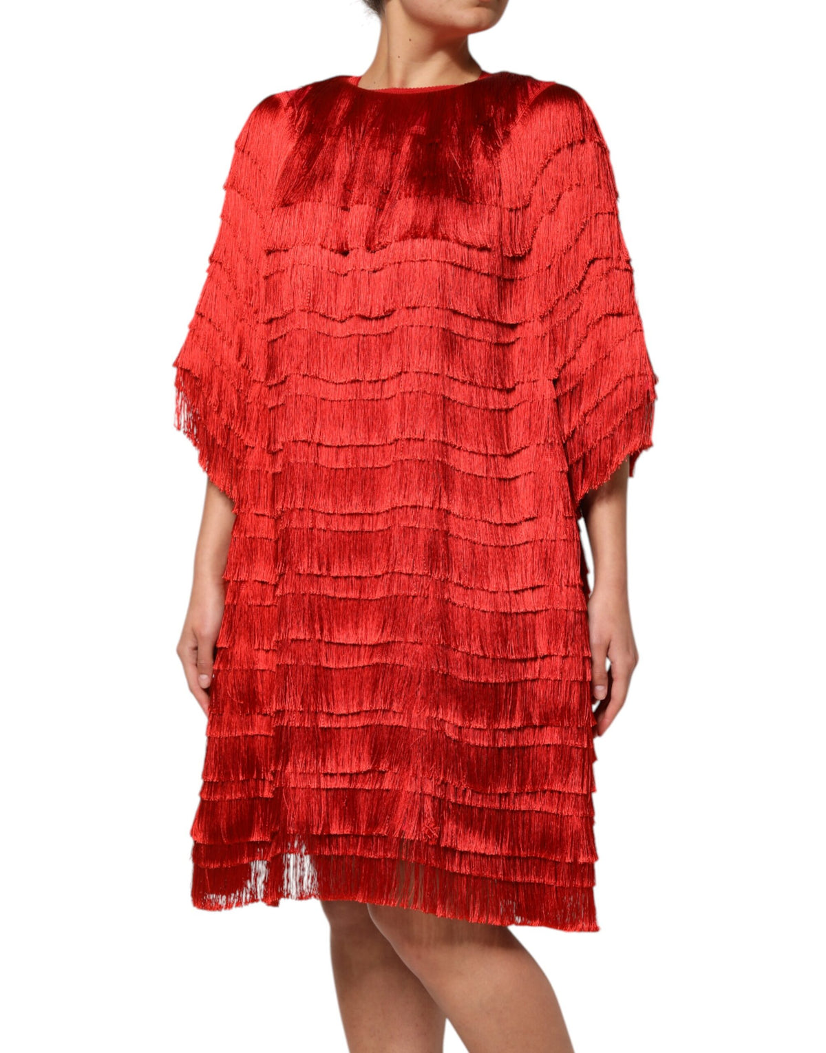 Dolce & Gabbana Red Silk Tiers Fringe Shift Knee Length Women's Dress