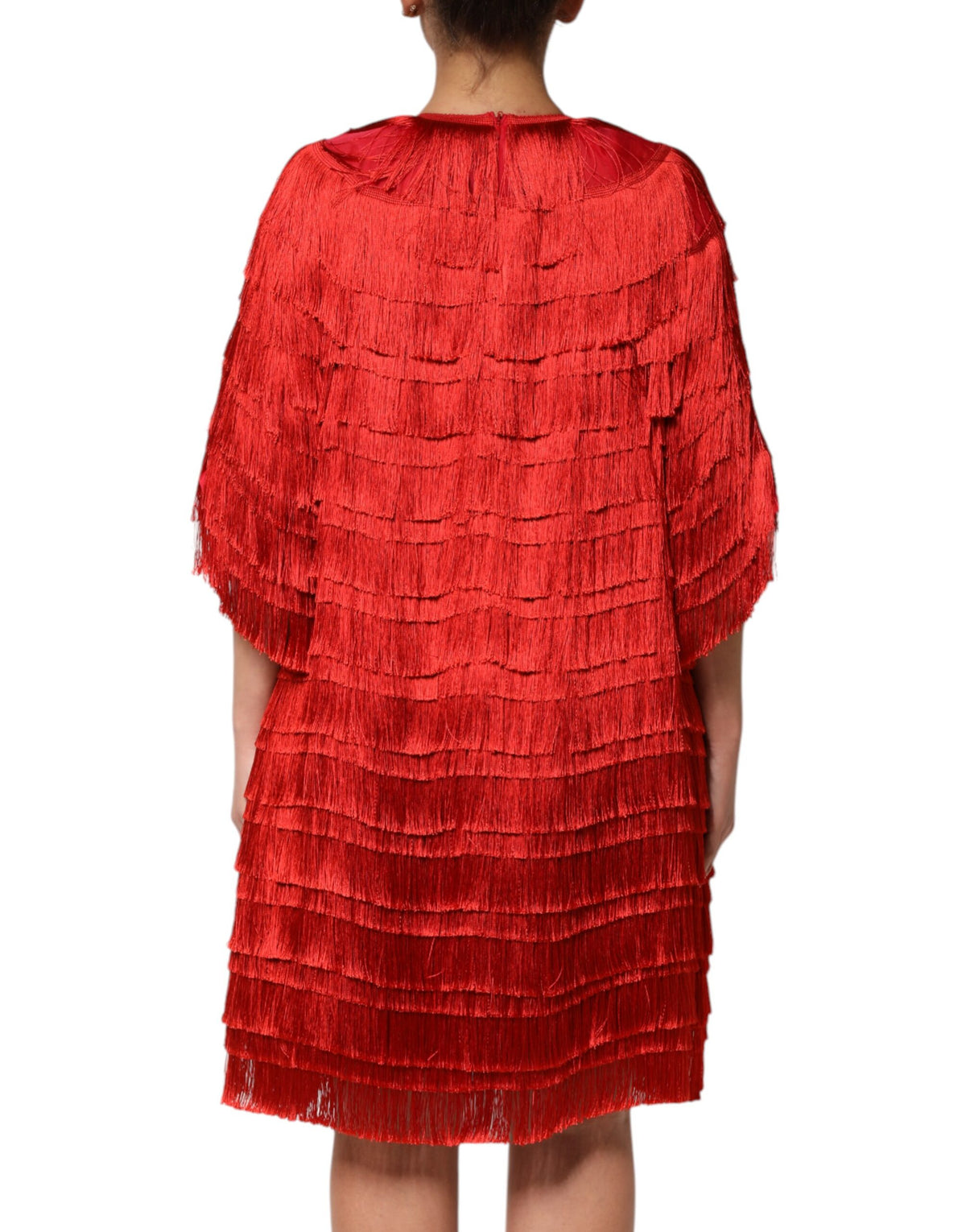 Dolce & Gabbana Red Silk Tiers Fringe Shift Knee Length Women's Dress