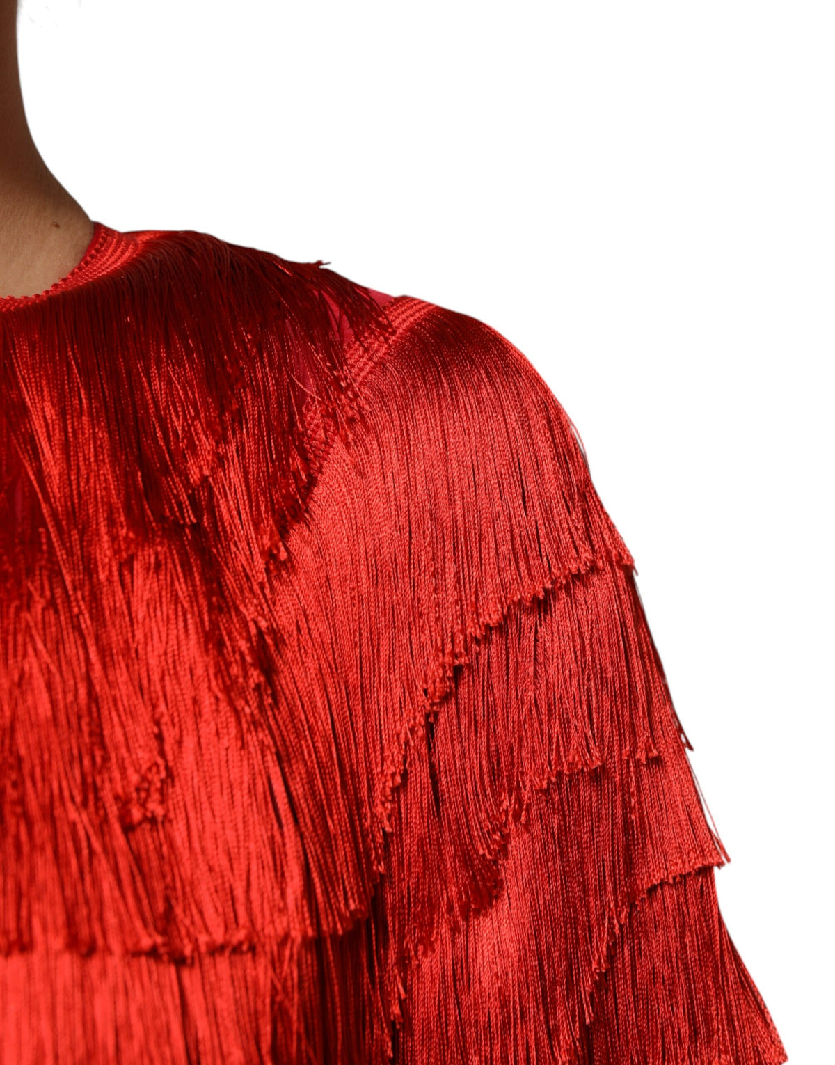 Dolce & Gabbana Red Silk Tiers Fringe Shift Knee Length Women's Dress