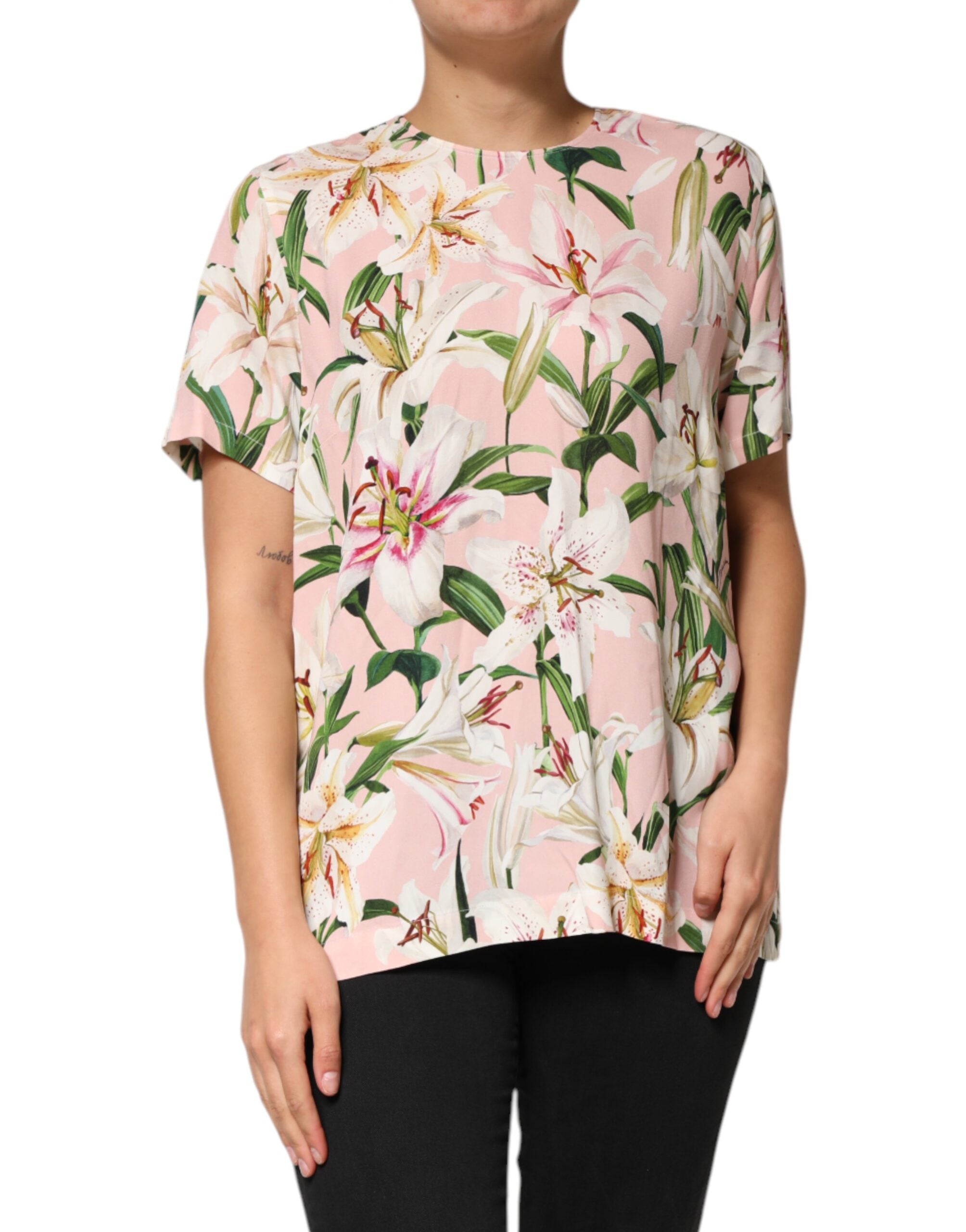 Dolce & Gabbana Pink Lily Printed Round Neck Blouse Women's Top (Pre-Owned)