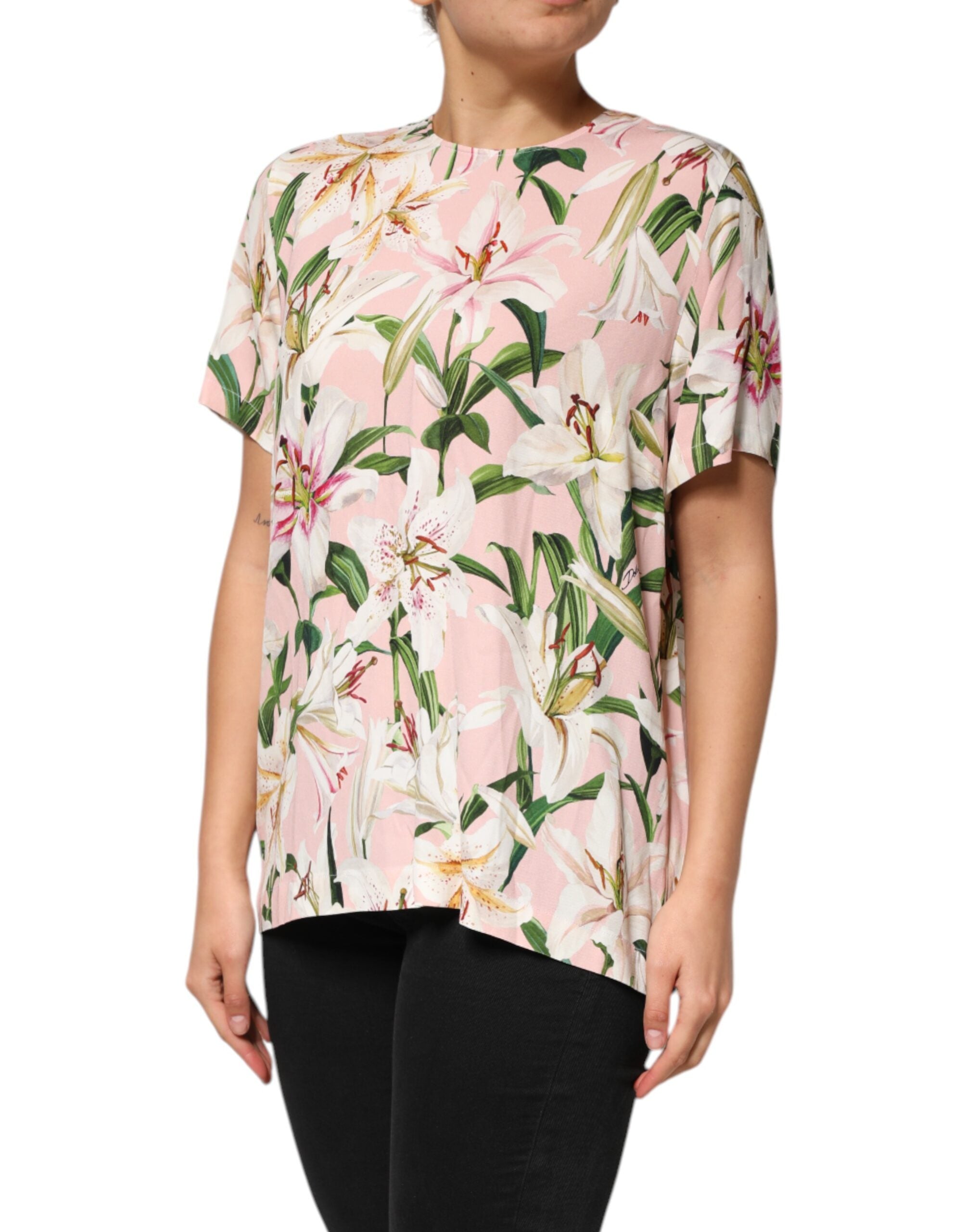 Dolce & Gabbana Pink Lily Printed Round Neck Blouse Women's Top (Pre-Owned)