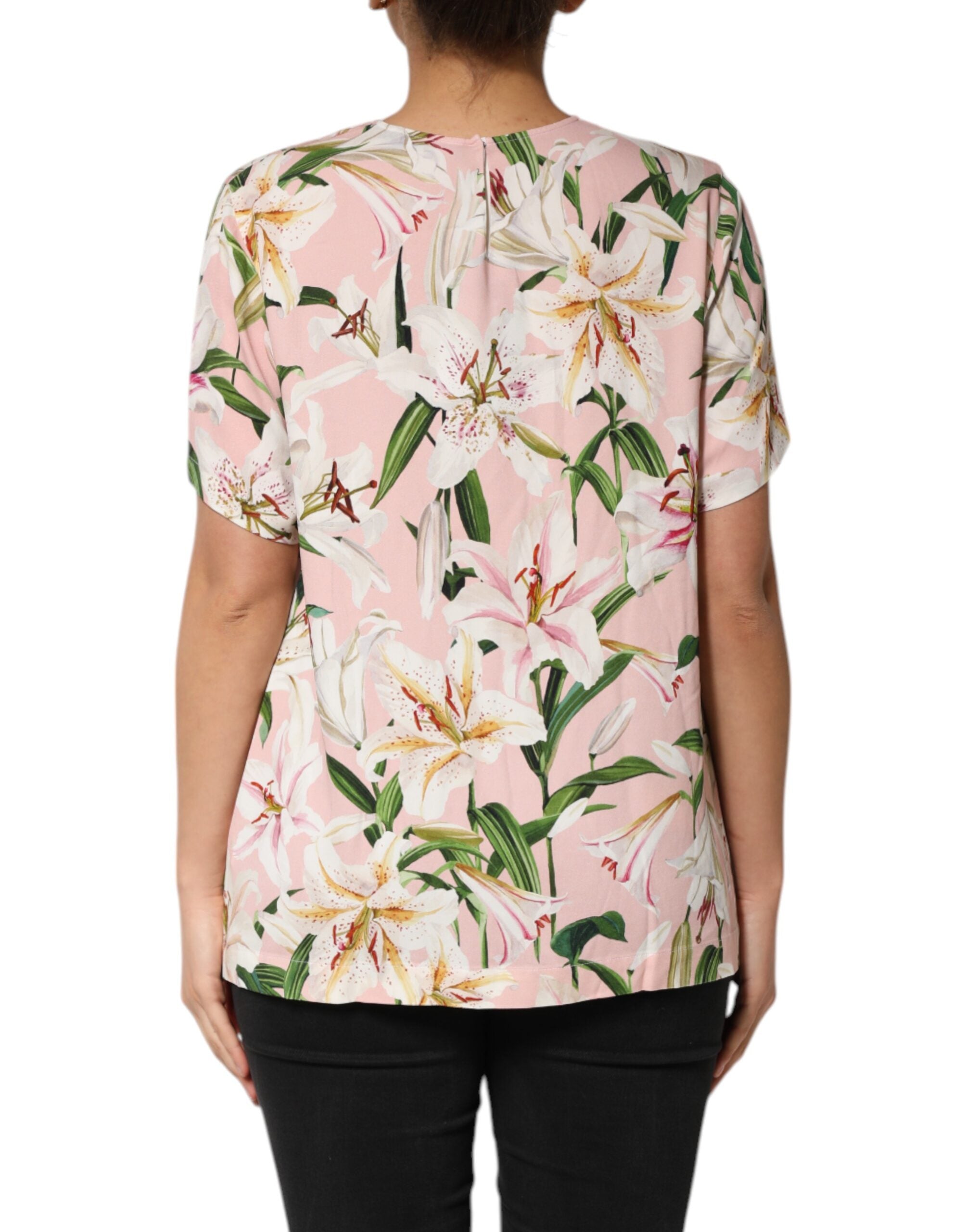 Dolce & Gabbana Pink Lily Printed Round Neck Blouse Women's Top (Pre-Owned)