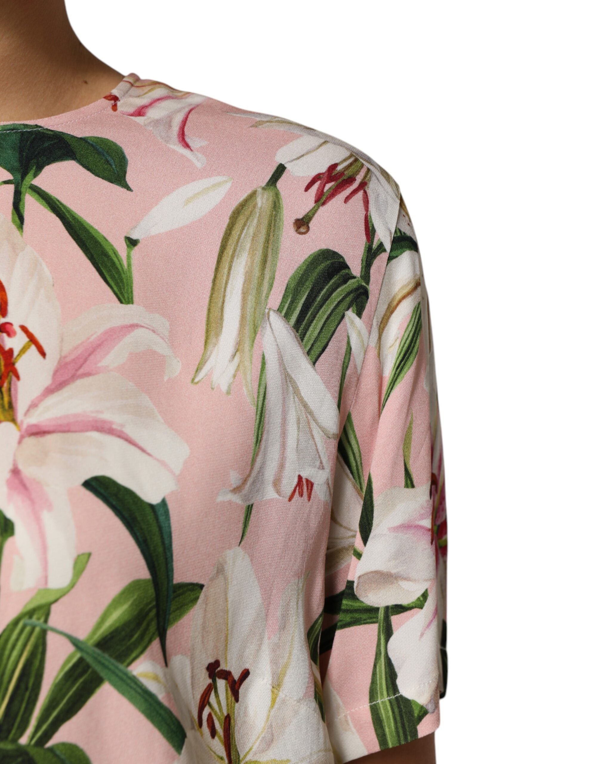 Dolce & Gabbana Pink Lily Printed Round Neck Blouse Women's Top (Pre-Owned)