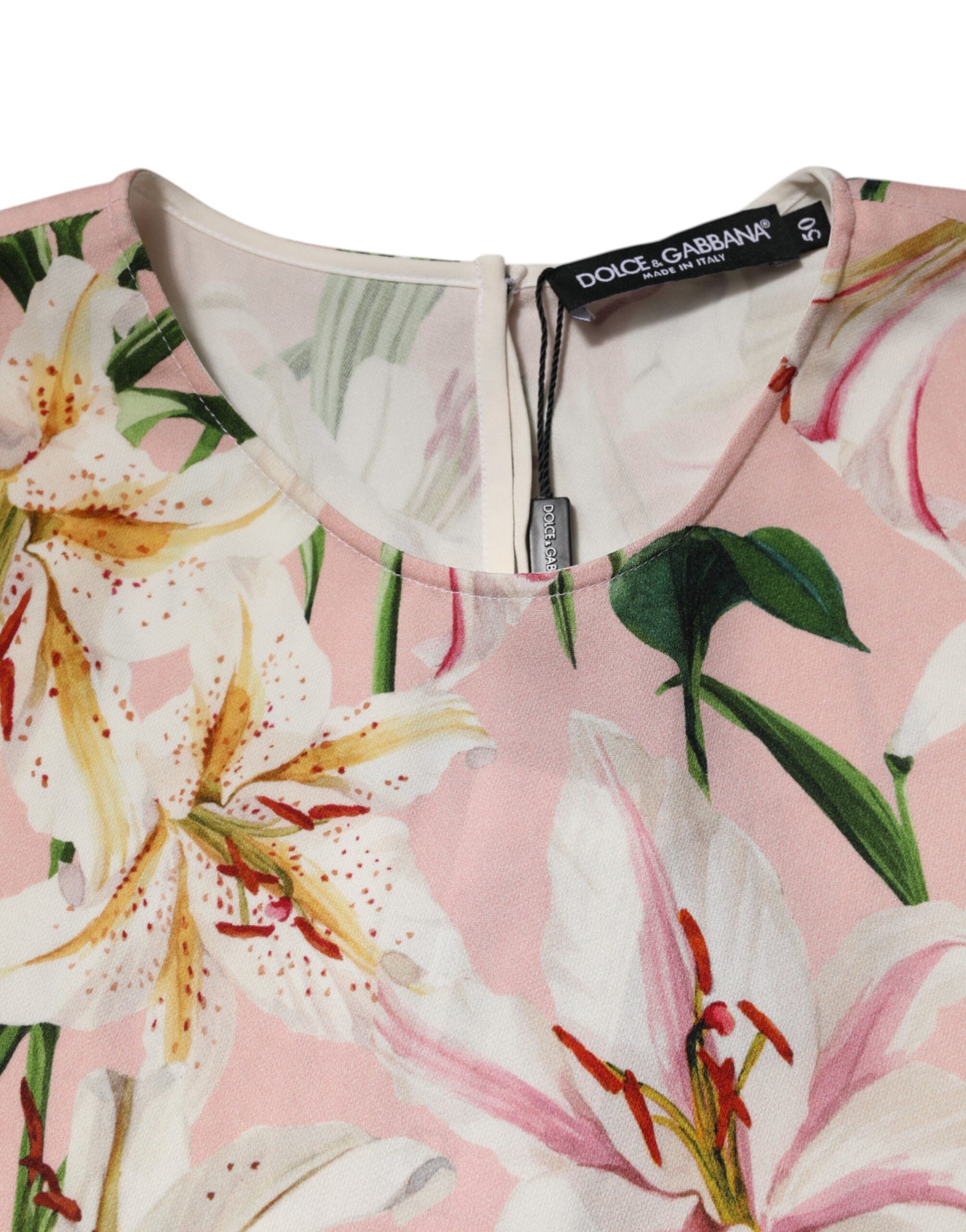 Dolce & Gabbana Pink Lily Printed Round Neck Blouse Women's Top (Pre-Owned)
