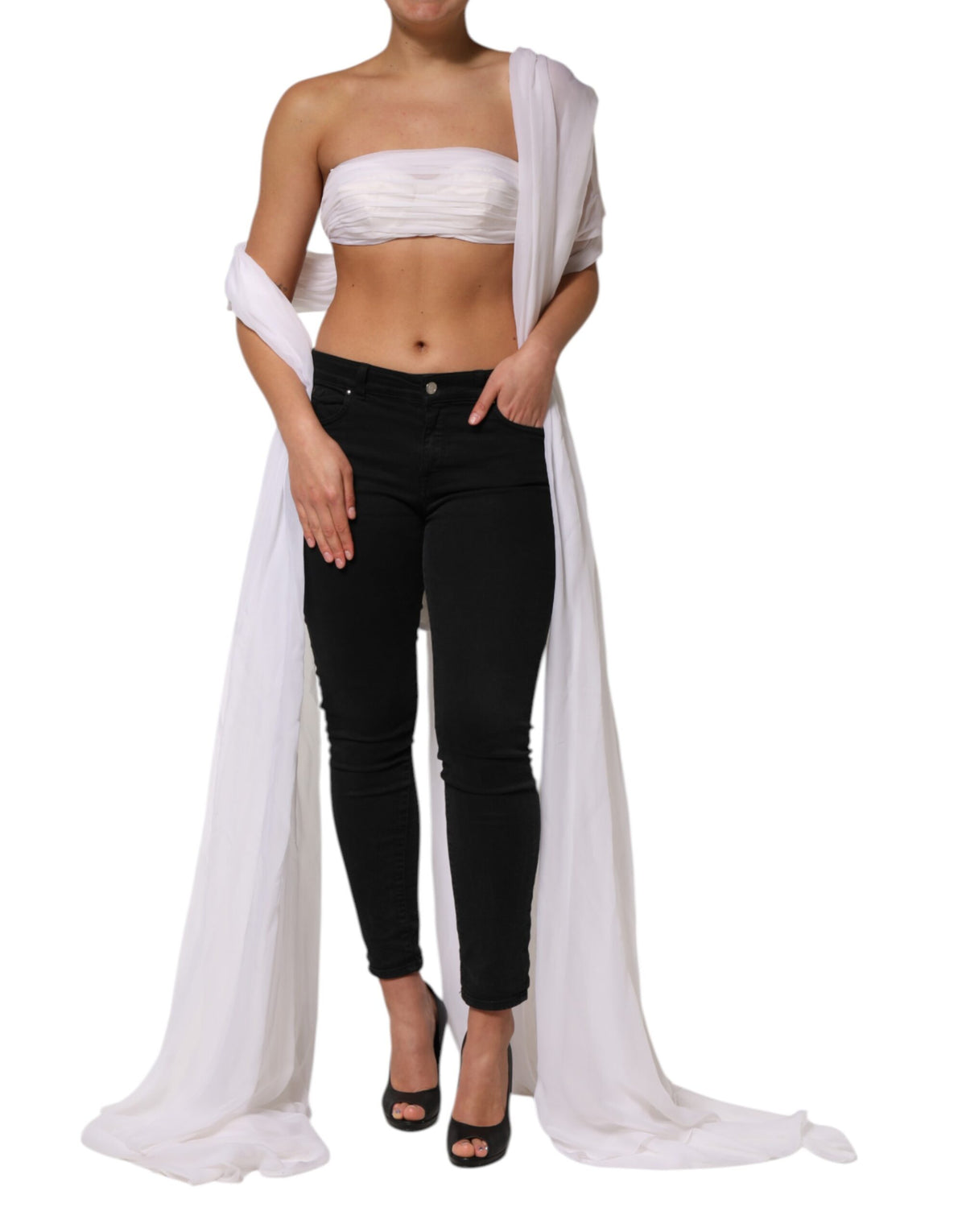 Dolce & Gabbana White Bustier Corset Cropped Chiffon Women's Top (Pre-Owned)