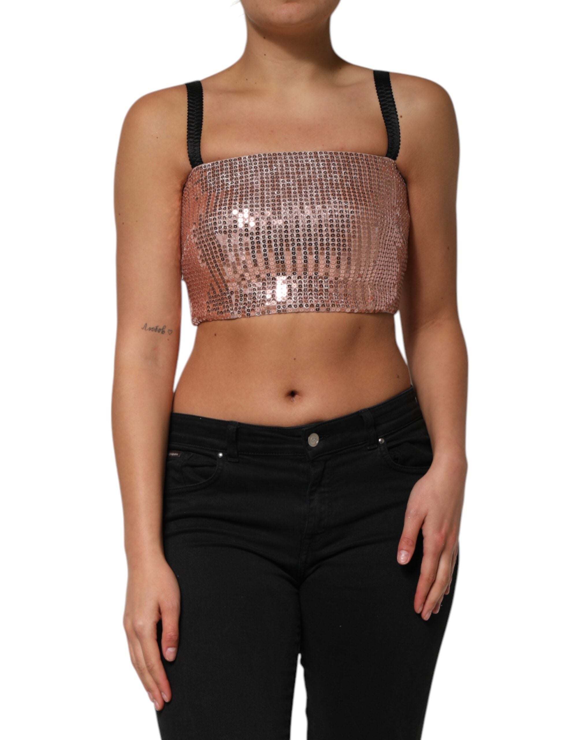 Dolce & Gabbana Pink Sequined Nylon Sleeveless Cropped Women's Top